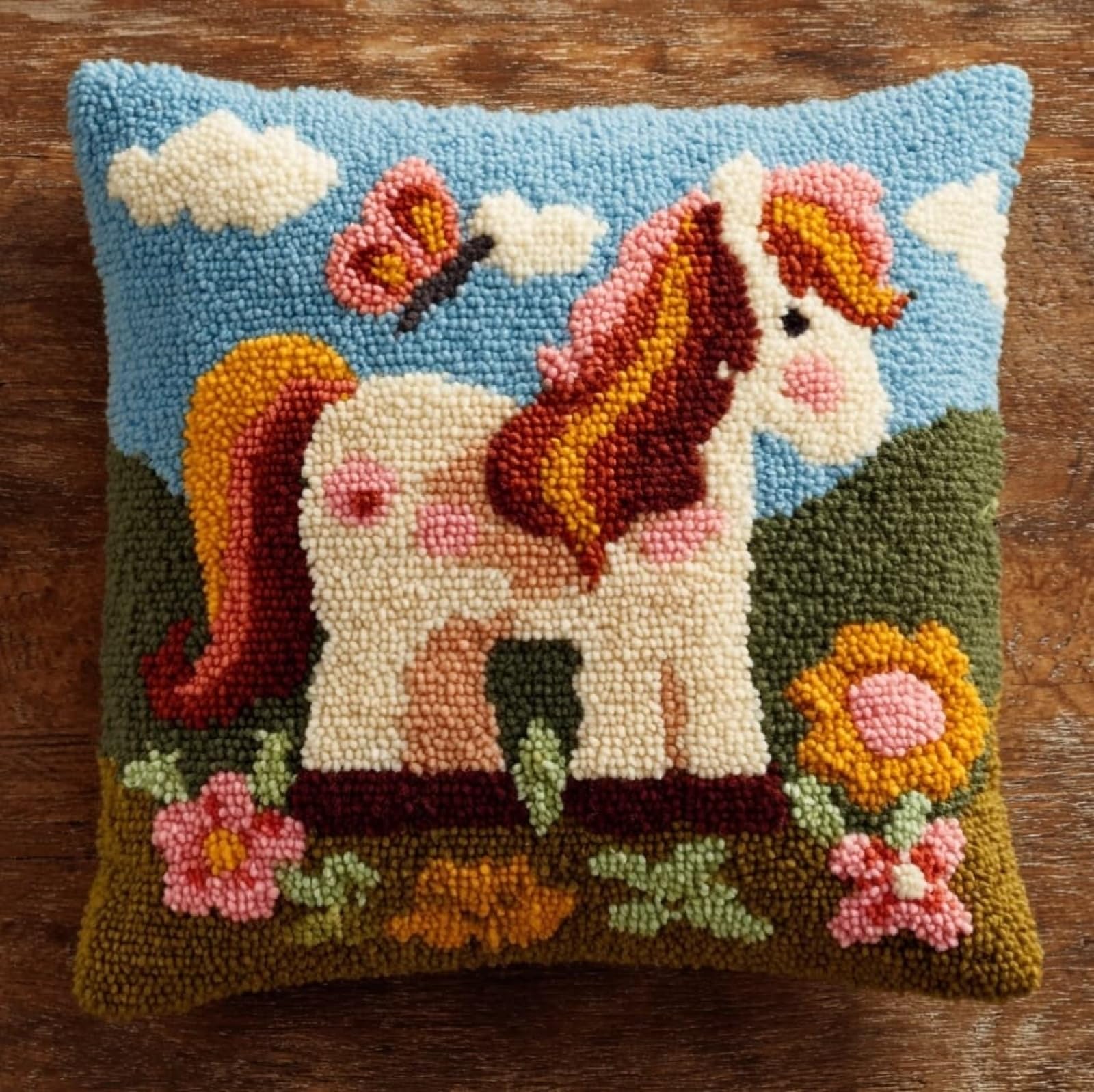 AxiangziK Latch Hook Cushion Kit 43x43cm,Horse and Butterfly Beginner Friendly Needlecraft Set,Easy Latch Hook Kit for Home Decor
