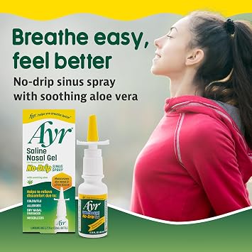 Ayr Saline Nasal Gel No-drip Sinus Spray With Soothing Aloe Vera, 0.75 Fl Oz Spray Bottle, (Pack of 1)
