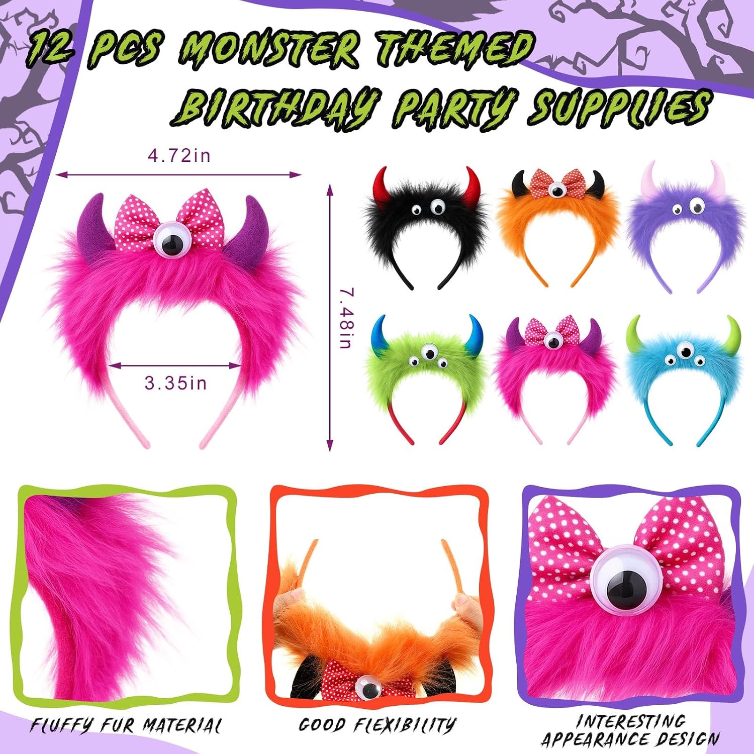 Juexica 12 Pack Monster Party Supplies, Colorful Fur Alien Headbands for Birthday Party Headwear Costume Accessories (Alien Monster)