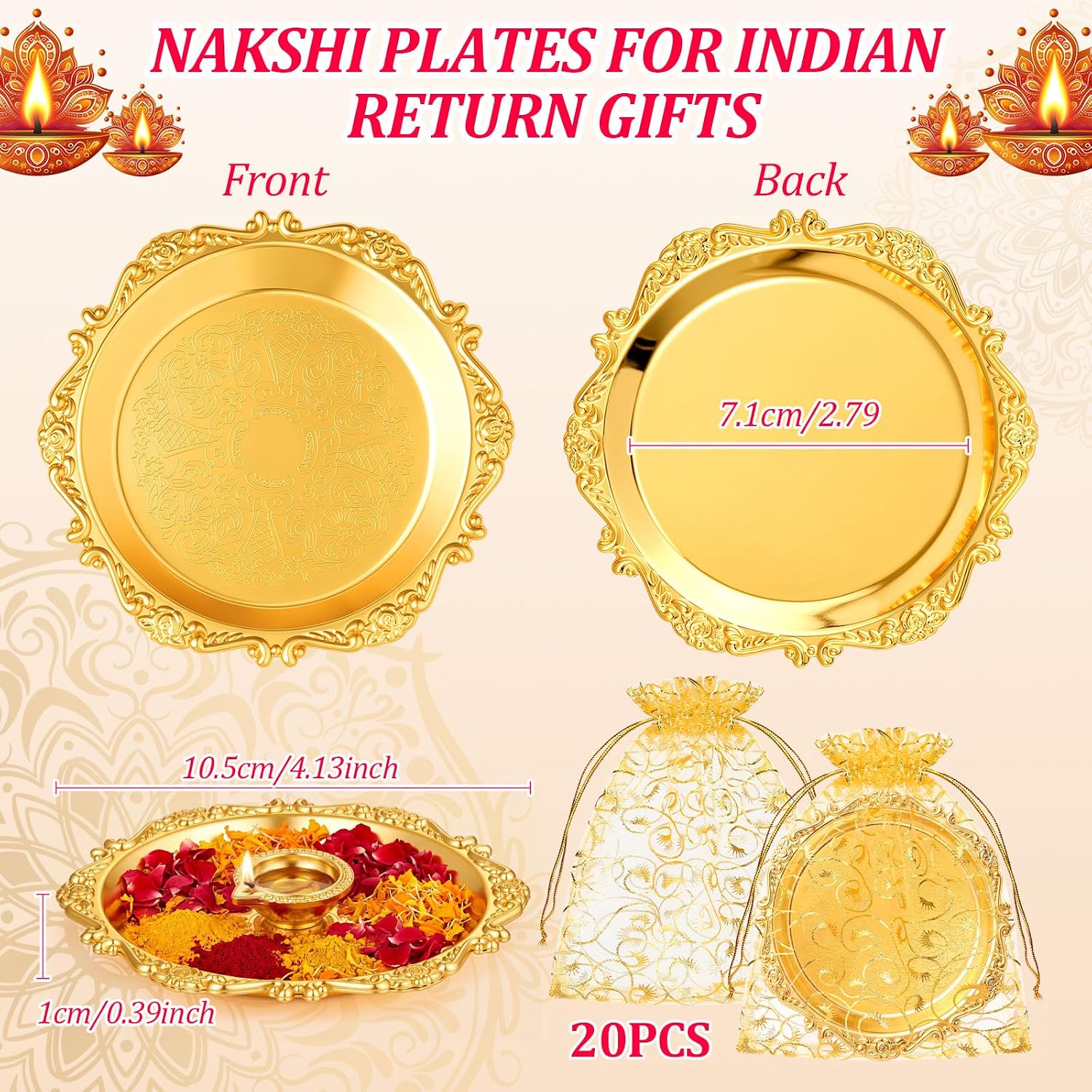 Rtteri 20 Set Indian Pooja Thali Plates Diwali Return Gifts for Guests, 4in