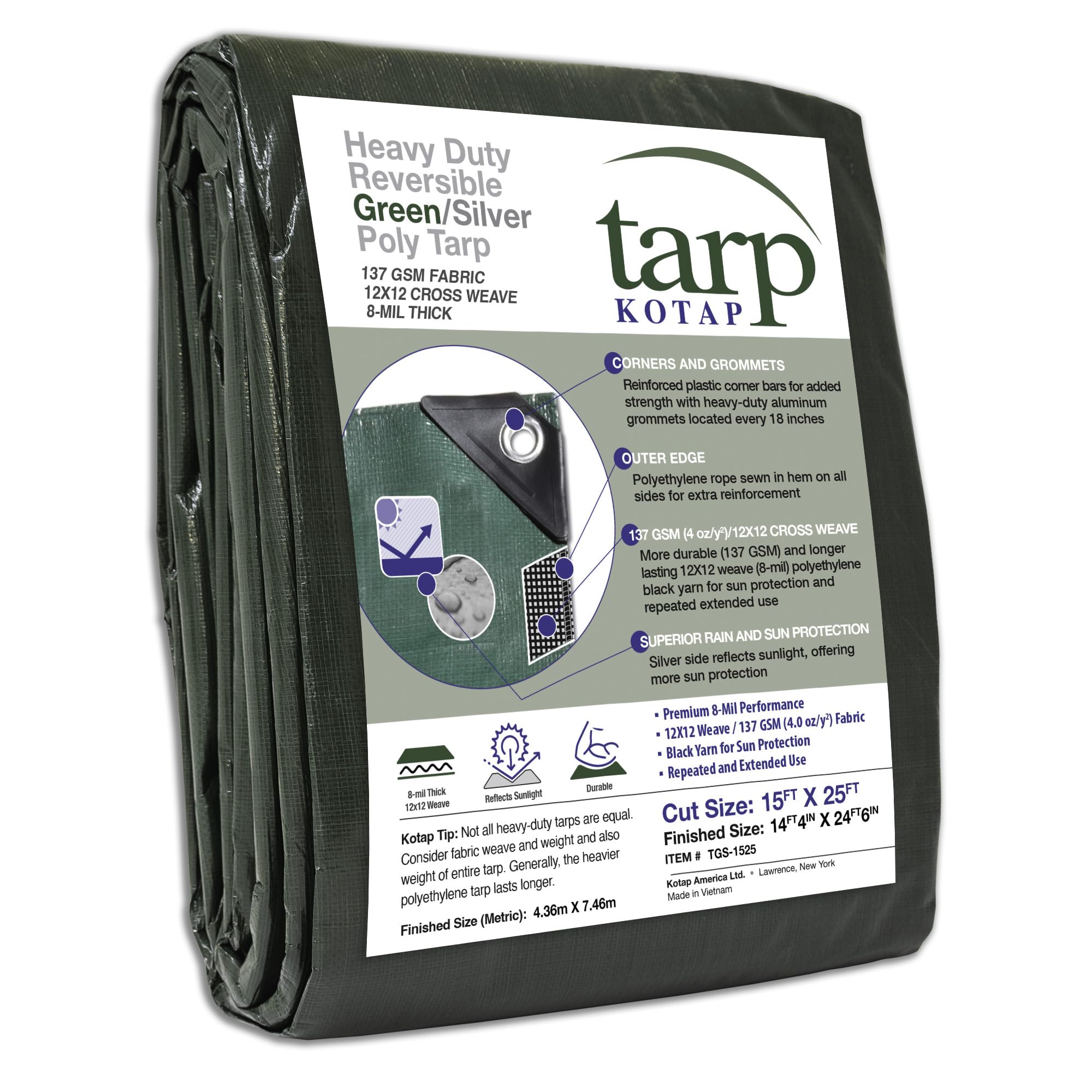 Kotap 15 x 25 Ft. Heavy-Duty Protection/Coverage Tarp, 8-mil