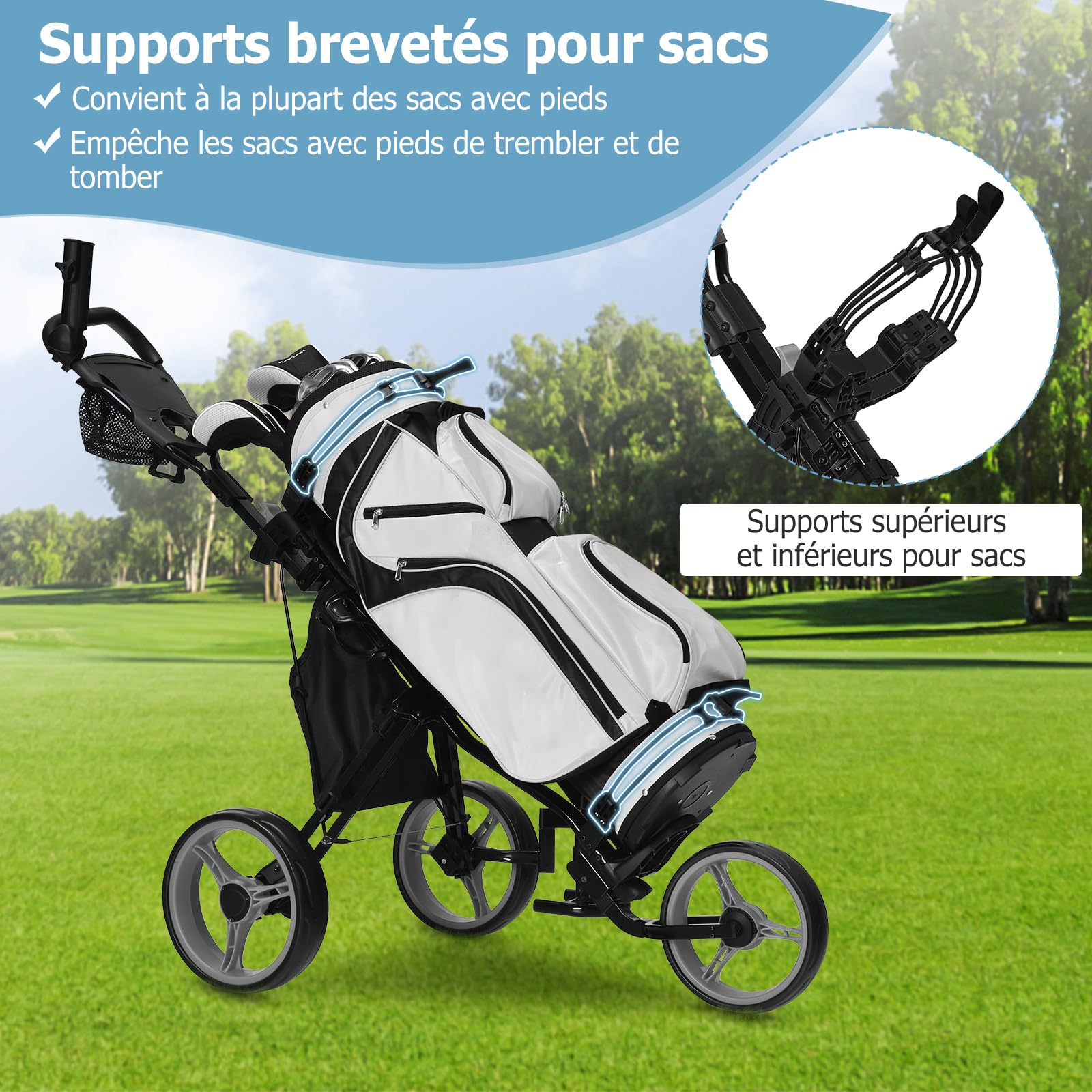 COSTWAY Chariot de Golf à 3 Roues Pliable, avec Porte-gobelet, Frein à Pied, Tableau de Score, Sac de Rangement, Poignée Réglable sur 4 Positions, Porte-Parapluie et Siège Réglables