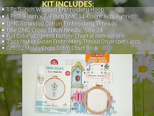 Miniatura 2 de Maker Susan Bird House - Kits de punto de cruz para adultos y principiantes con aro de madera, tela DMC, hilos y agujas con tarjetas organizadoras