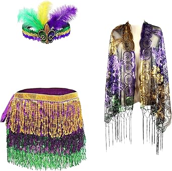 Mardi Gras Costume Accessories, Sequins Wrap Skirt and Shawl Scarf and Headband Mardi Gras Outfits for Women Sequin Tassel Skirts Belly Dance Skirt for Mardi Gras Patricks Day Girls