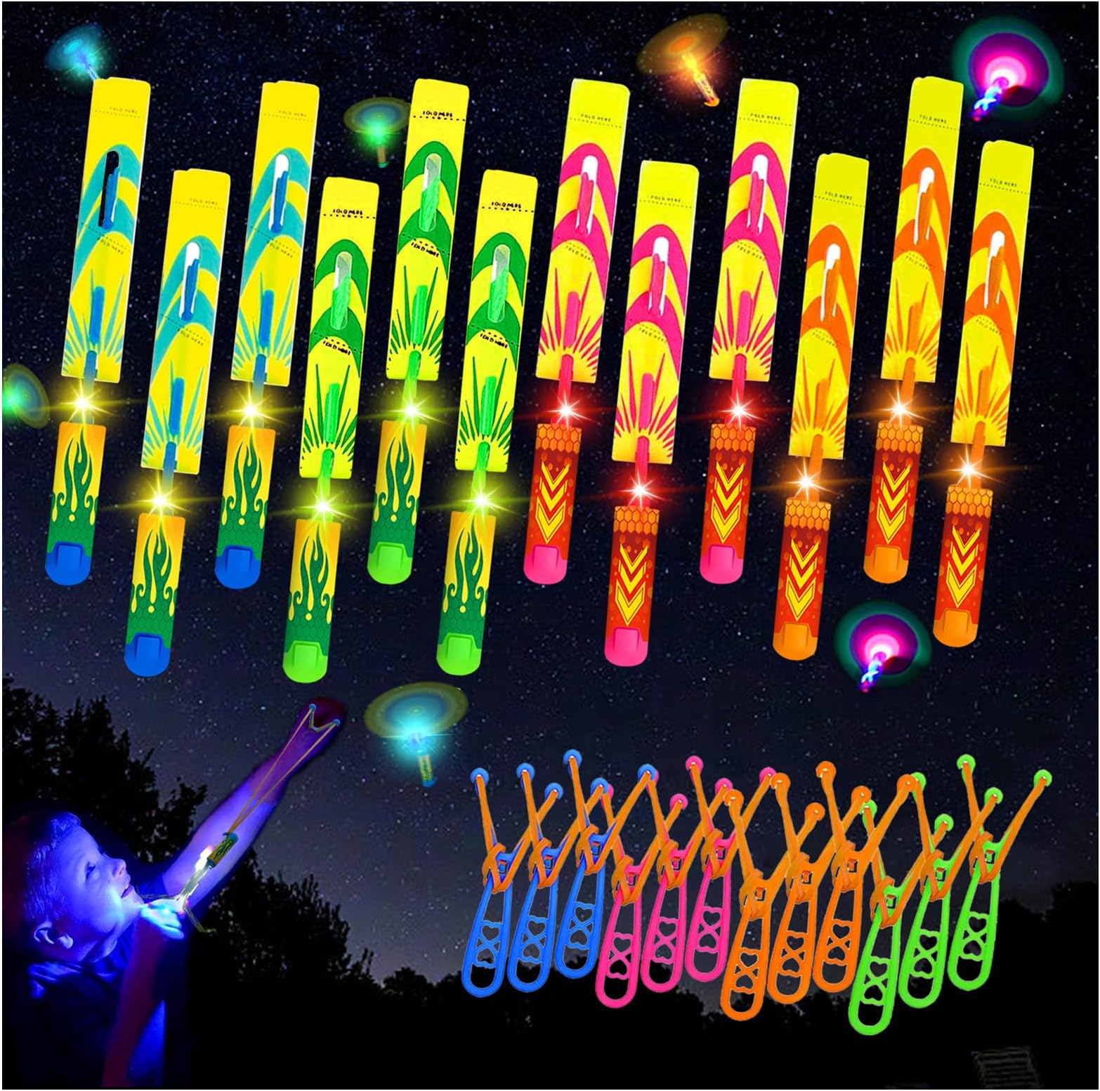 Slingshots Rocket Launcher for Kids, Finger Rocket Flying Copter with Led Lights- Flying Rockets Toys Summer Activities Camping Games Party Favor Gifts for Boys Girls Age 3+ (12 Pack)