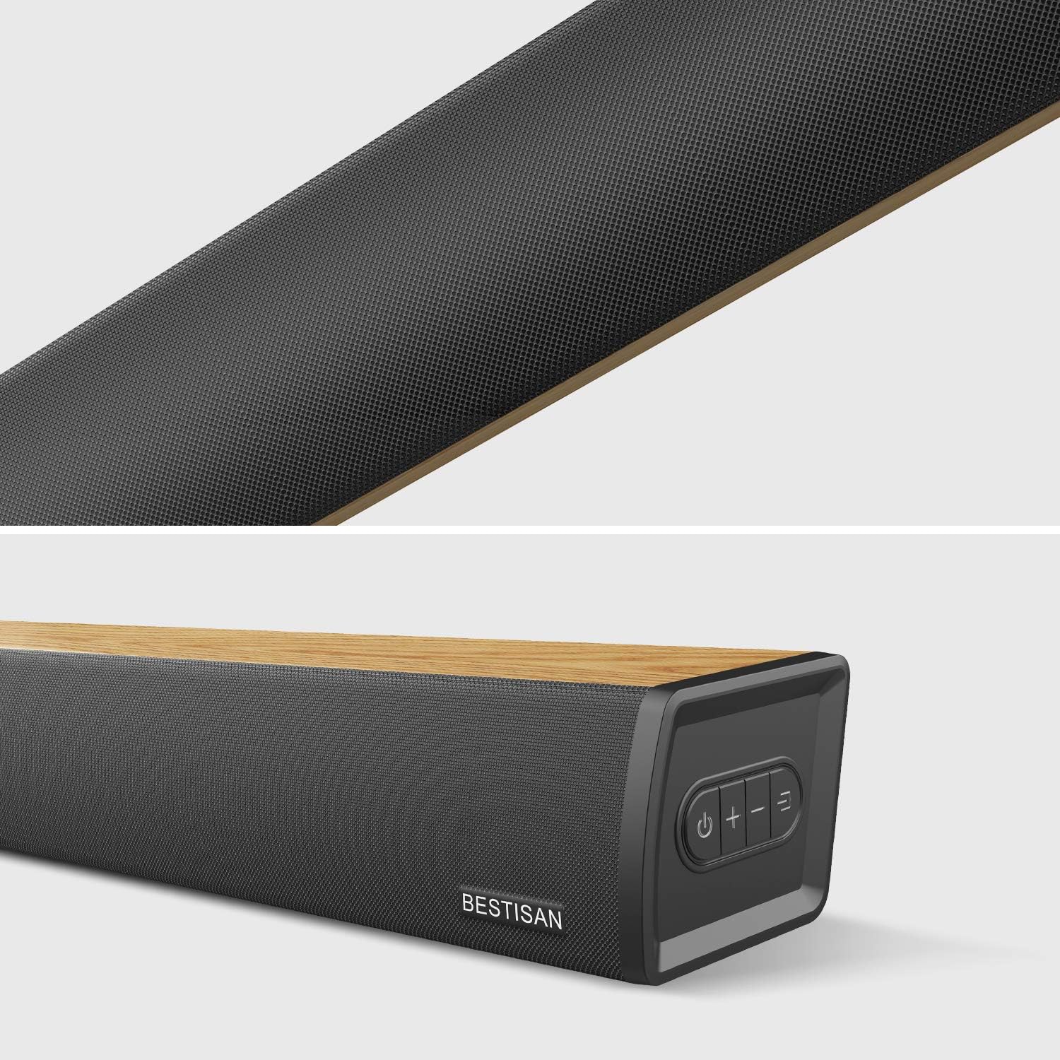 Close-up of Bestisan Soundbar showing top controls and front grille texture