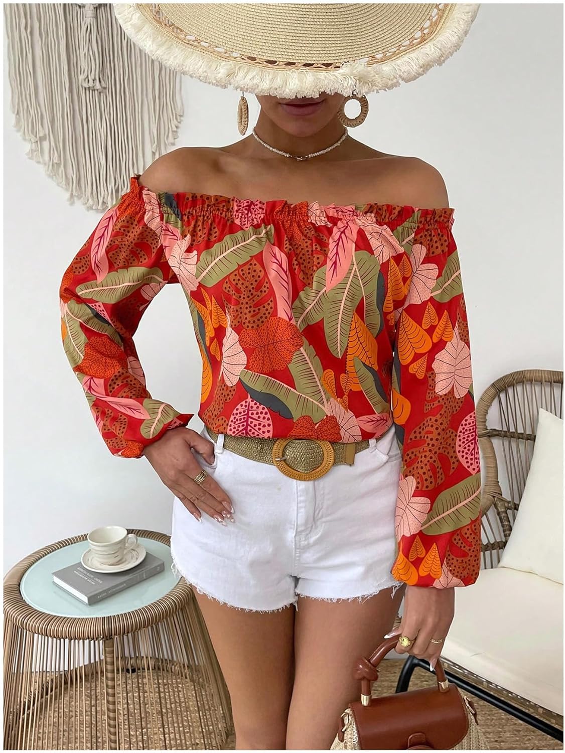 MakeMeChic Women's Off Shoulder Blouse Lantern Long Sleeve Frill Trim Floral Print Shirt Tops - Image 4