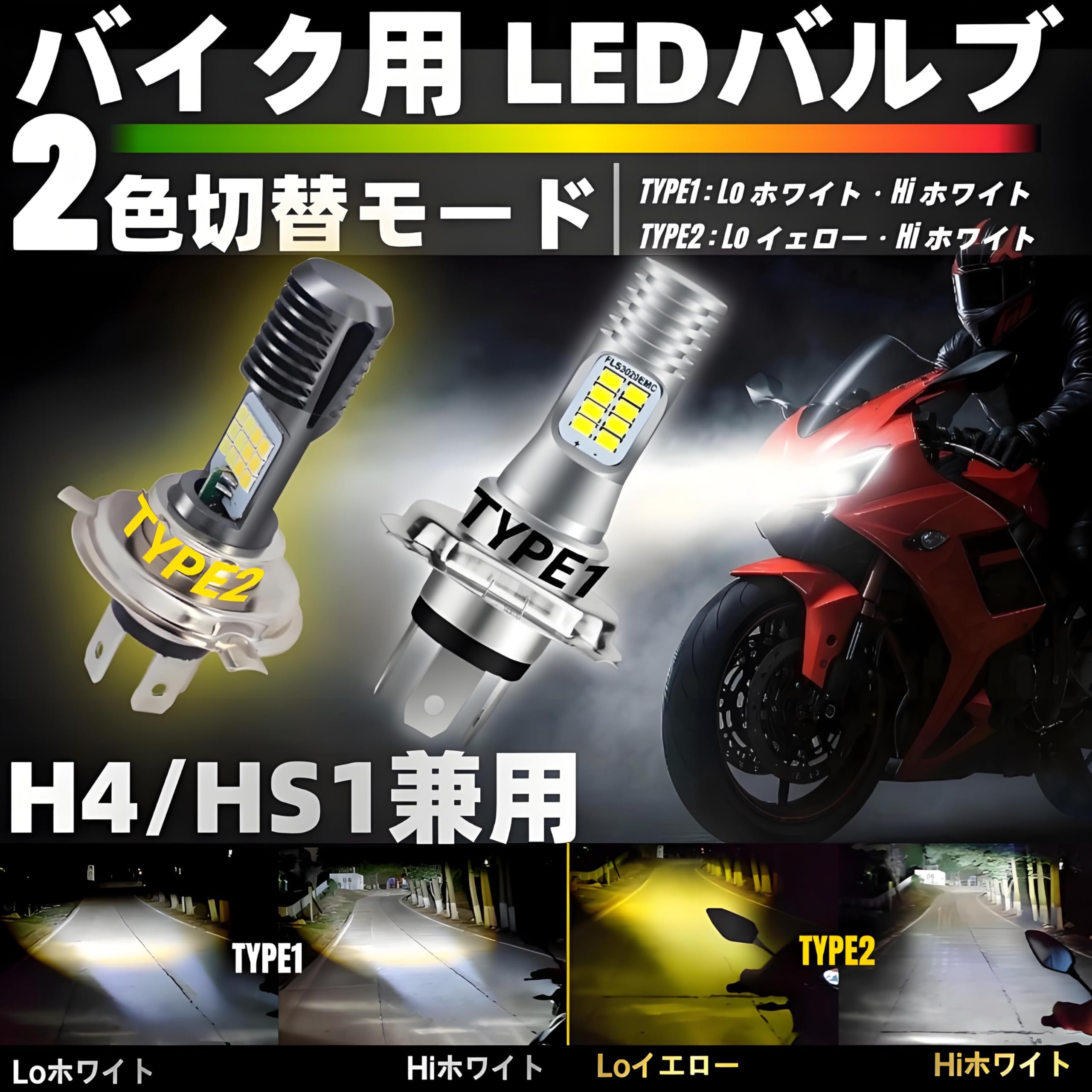 Amazon | H4/HS1 バイク用 LEDヘッドライト Hi/Lo切替 1800lm 6500K
