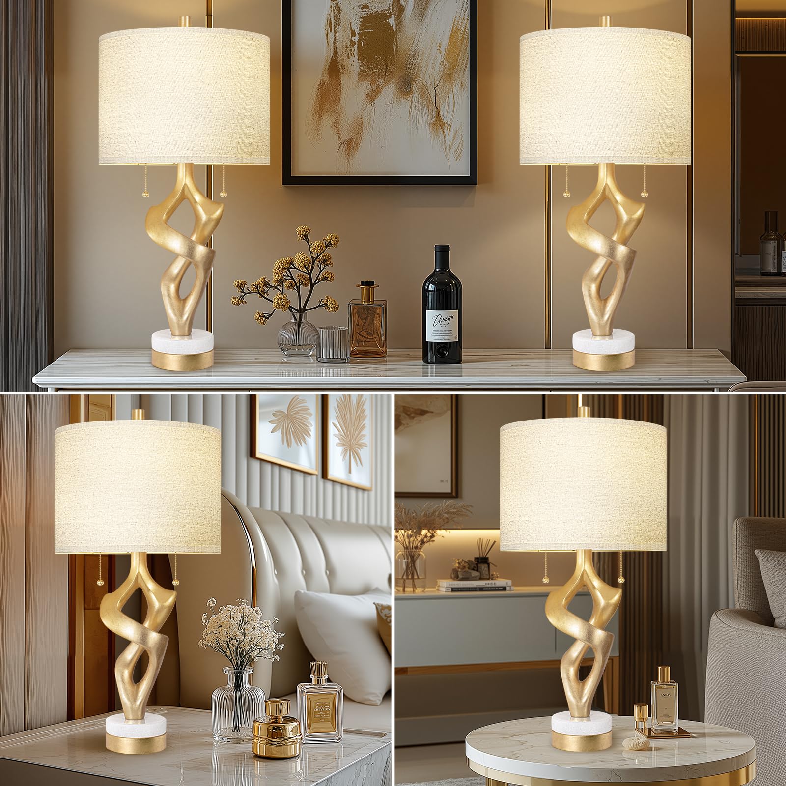 Scenekoy Set di 2 lampade da tavolo scultoree con porte USB per camera da letto soggiorno 66 pollici foglia oro base marmo lampade da comodino interruttore catena moderno per