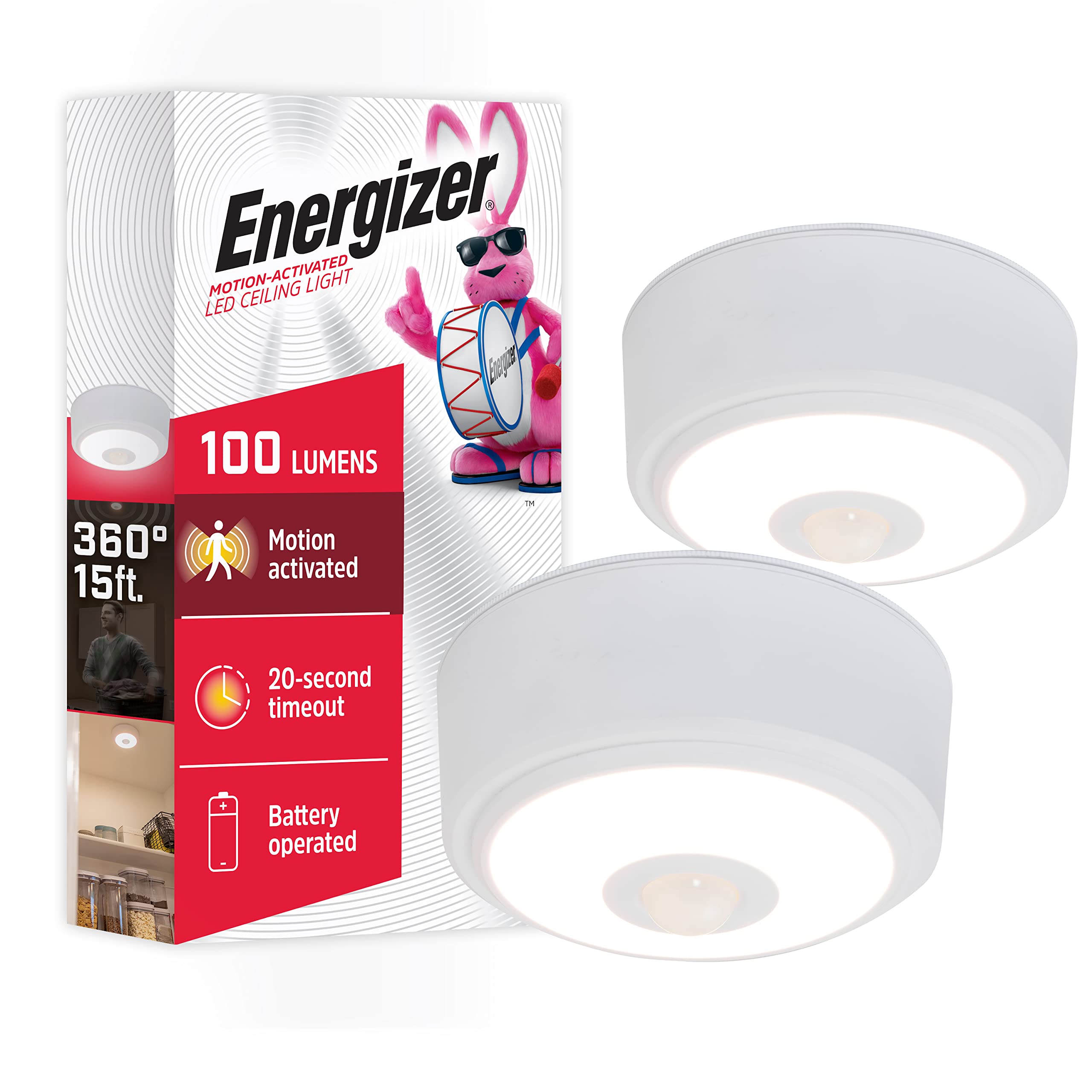 Energizer Motion Activated LED Ceiling Light, 2 Pack, Battery Operated, 100 Lumens, Wireless, Ceiling Light No Electricity, Ideal for Laundry Room, Shed, Basement and More, 58347