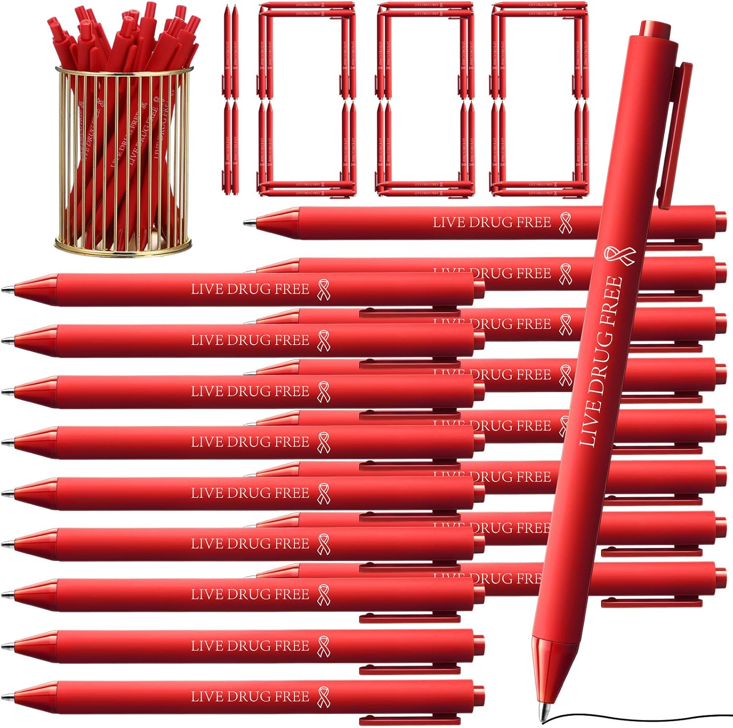 Cholemy 400 Pcs Heart Disease Awareness Ballpoint Pens Red Ribbon Live Drug Free Awareness Pens Bulk Black Ink Retractable for Volunteer Fundraising Charity Event Party Favors Activity Supplies
