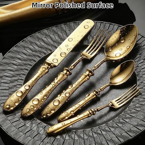 Miniatura 4 de Juego de cubiertos de 50 piezas de acero inoxidable vintage europeo para 10, mango ergonómico cómodo, pulido, apto para lavavajillas, juego de
