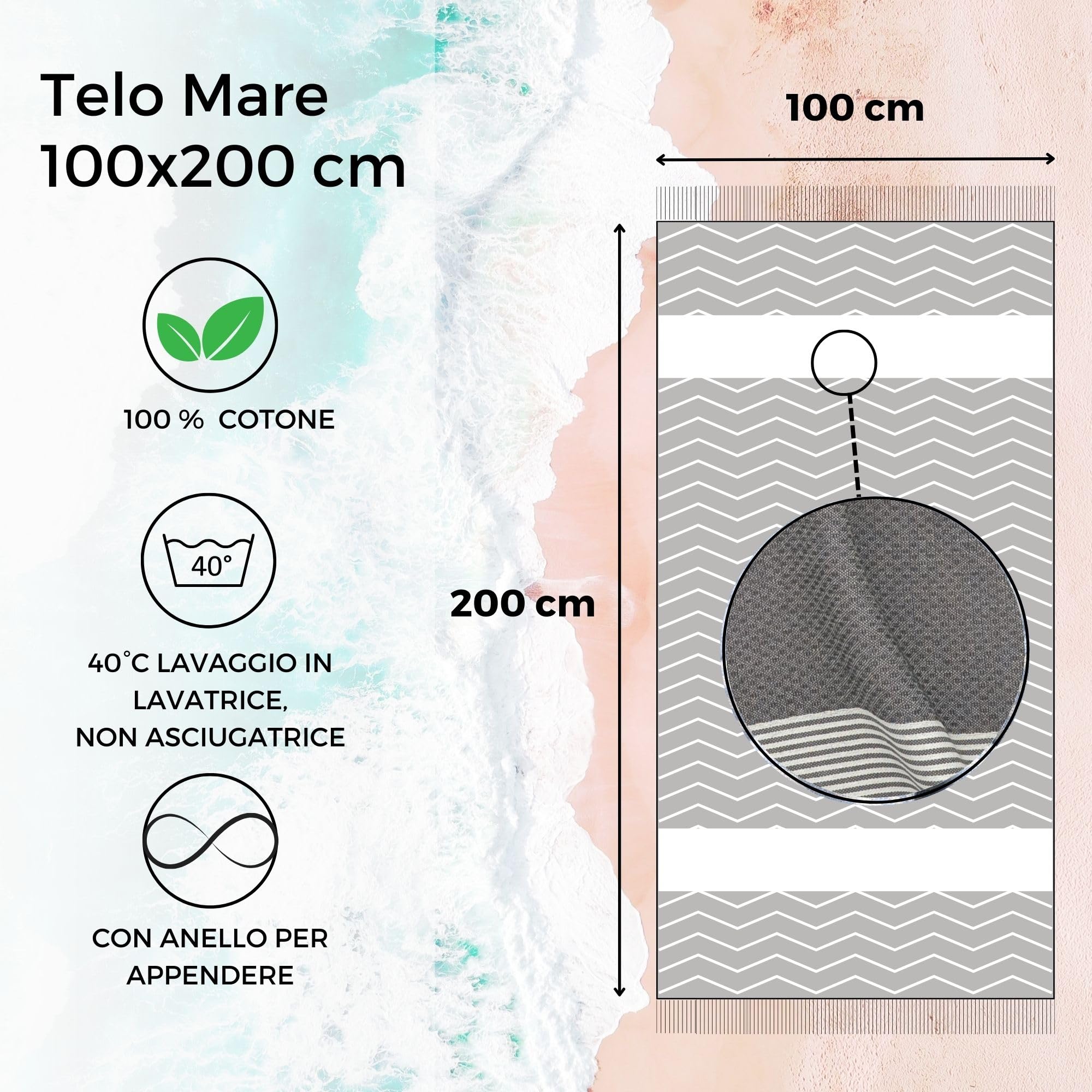 furora HOLIDAY Telo Mare Cotone - Grande 200x100 cm - Ultra Leggero - Asciugatura Rapida | Asciugamano Mare Donna e Uomo: Facile da Pulir - multifunzionale per Spiaggia, Piscina, Viaggio, Outdoor