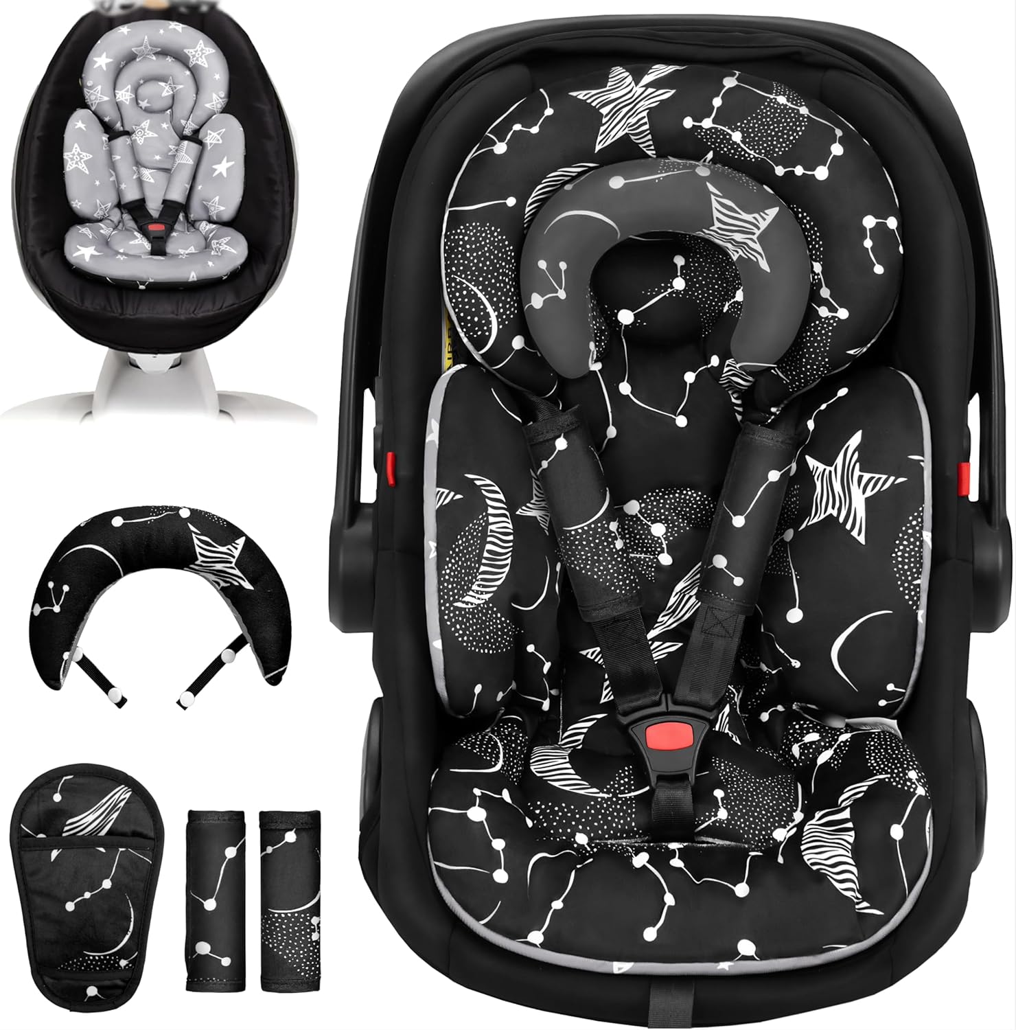Tinlyfinly Infant Car Seat Insert with Removable Cushion for Preemie to Toddler, Reversible Newborn Carseat Insert for Baby Head Body Support, Fits for Stroller, Baby Swing, Bouncer (Black Star)