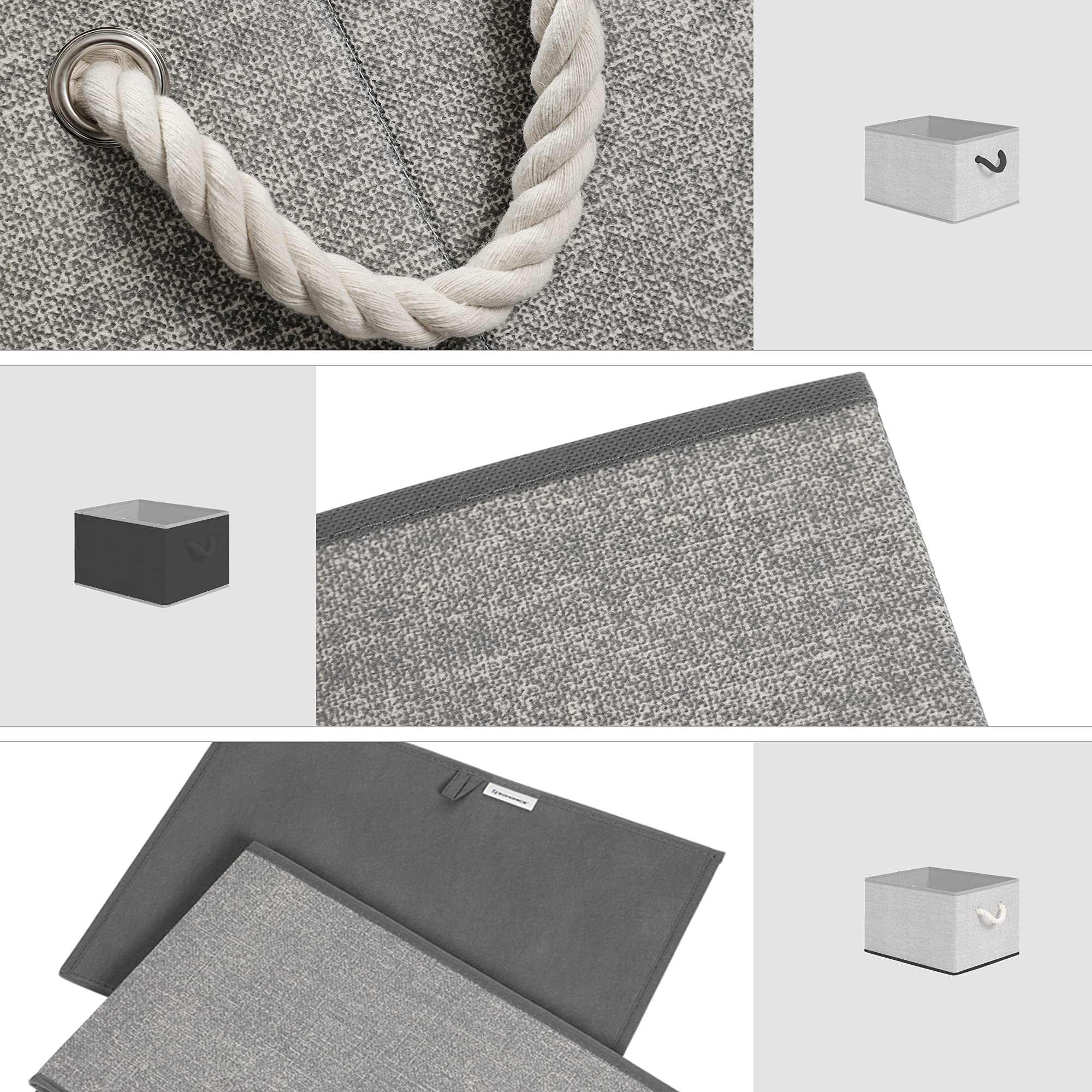 SONGMICS RFB013G01 materiałowe pudełka do przechowywania bez pokrywki, zestaw 3 sztuk, z uchwytami, 40 x 30 x 25 cm, imitacja lnu, szare