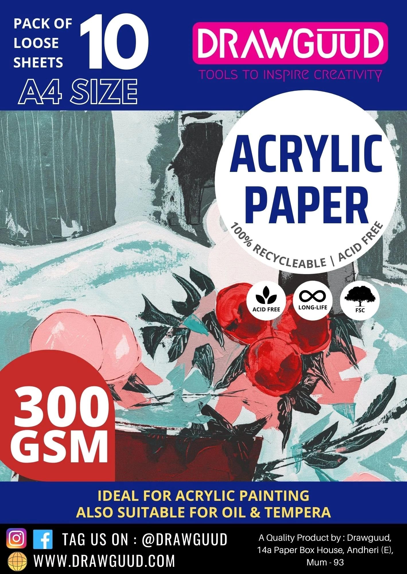 A4 Acrylic Paper 300 GSM Pack of 10 Sheets | 100% Virgin FSC Certified | Thick Painting Paper for Acrylic, Poster Colors & Mixed Media | Artist Sheets-image-22