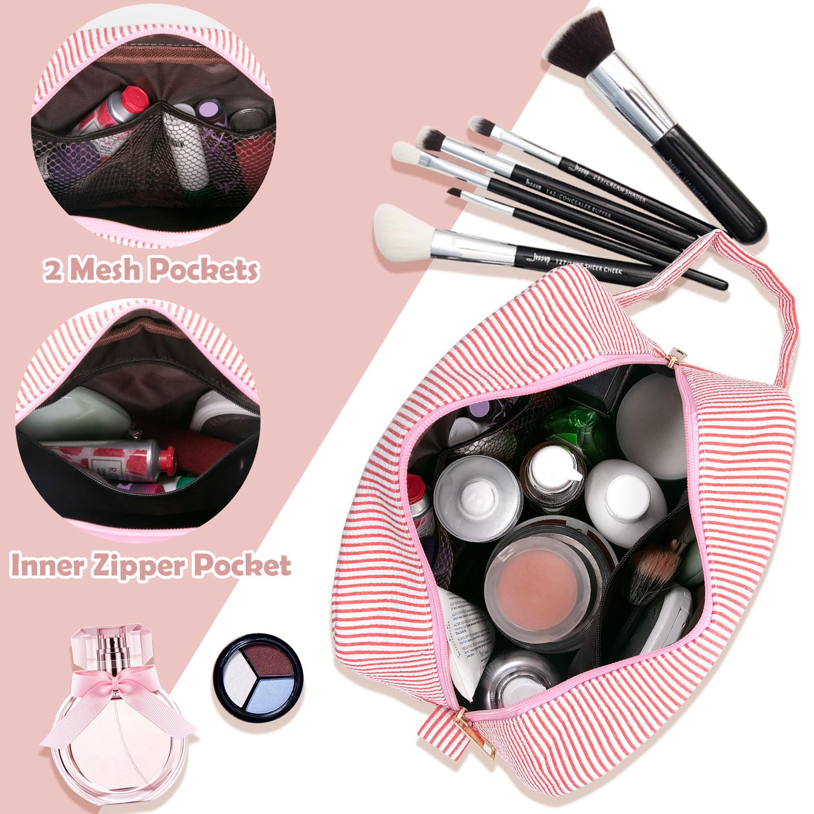 Long Keeper Travel Make Up Bag Letter Cosmetic Bag Large Toiletry Bag with Handle Portable Striped Makeup Bags Cosmetic Organizer Girls Pencil Case - Image 4