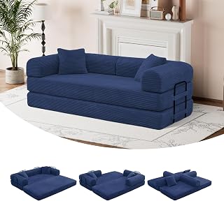 79" 5-in-1 Convertible Sofa Bed, Premium Sleeper with Reinforced Frame & Plush Corduroy, No Assembly Modern Couch for Lounge, Living Room & Guest Room, Blue