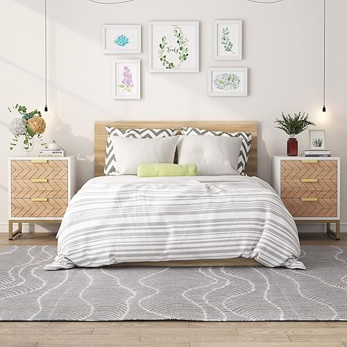 Miniatura 6 de Tribesigns Juego de 2 mesitas de noche, moderna mesa de noche de 3 cajones con diseño único en zig zag, juego de 2 mesas auxiliares de oro blanco