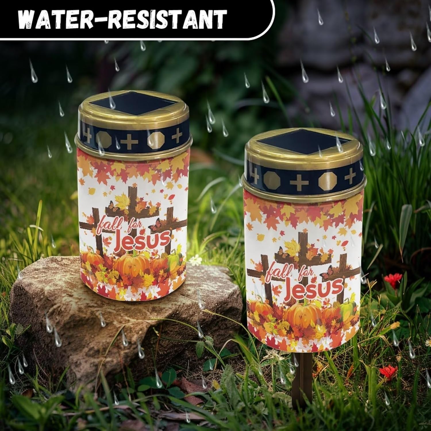 Fall for Jesus Solar Memorial Lights for Graves Outdoor Flameless Candle Lamp USA Flag Grave Solar Lights Fall Decorations 2 Pcs