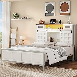 DWVO クイーンサイズ ベッドフレーム 収納ヘッドボード付き ファームハウス ベッドフレーム 充電ステーション付き LEDライト付き 収納ラック付きヘッドボード スライドバーンドア ノイズなし ボックススプリング不要 ホワイト