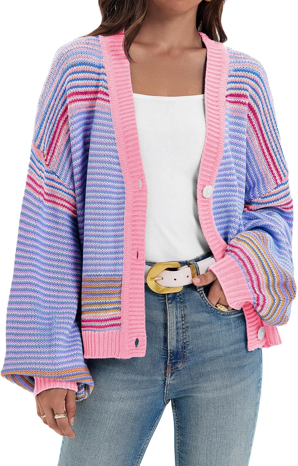 Saodimallsu Womens Striped Cardigan Sweaters Oversized Puff Sleeve Button Up V Neck Color Block Knit Sweater Coat - Image 2