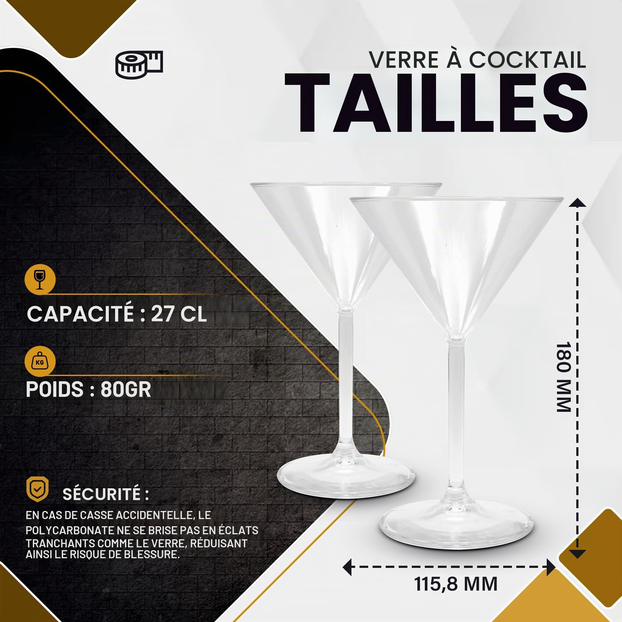 DOJA Barcelona Lot de 6 verres à martini en plastique dur réutilisables transparents en polycarbonate transparent