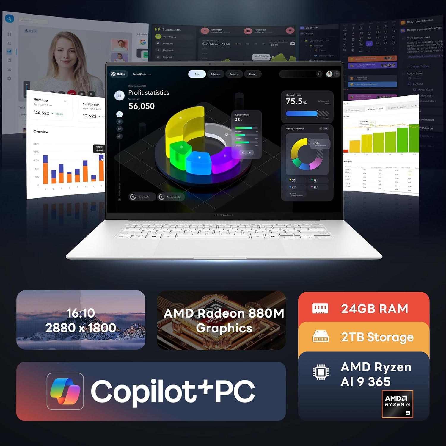 ASUS Zenbook S 16 16" 3K OLED Touchscreen Laptop, AMD Ryzen AI 9 365, AMD Radeon 880M, 24GB LPDDR5X, 2TB Storage (1TB SSD&1TB Docking Station), Backlit KB, FHD Camera, Wi-Fi 7, Win 11 Pro, White