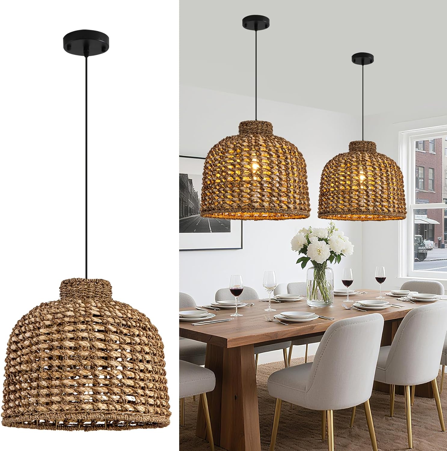 Rattan Pendant Light Fixtures,13.78" Boho Seagrass Pendant Light,1-Pack Hand Woven Water Plants Rattan Chandelier for Dining Living Bedroom Kitchen Farmhouse