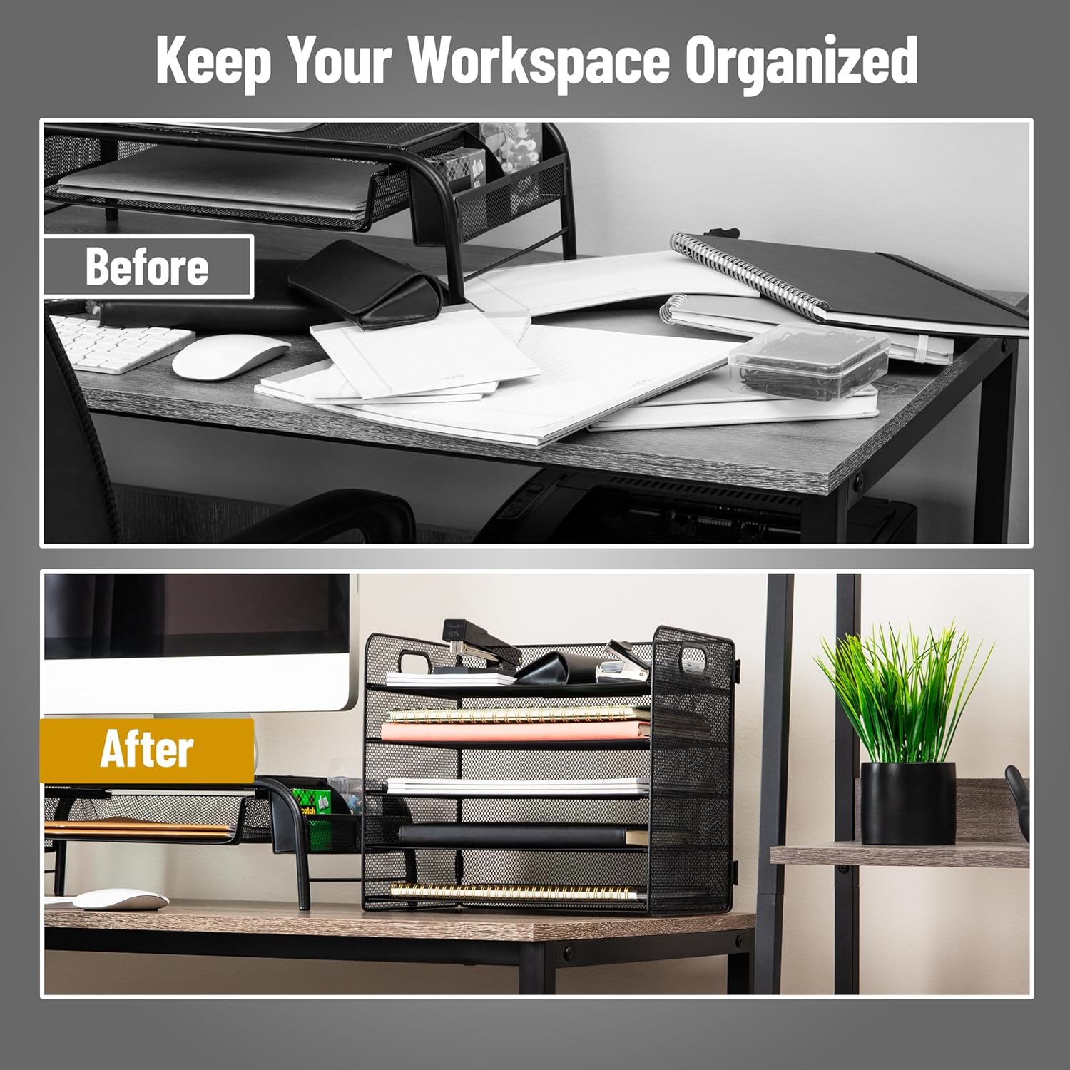Mind Reader 5 Tier Paper Tray Desktop Organizer, Removable Shelves, Cut-Out Handles, Tool-Free Assembly, Metal Mesh, Black