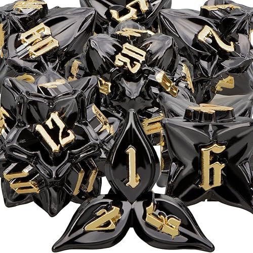 ARUOHHA DND - Juego de dados de metal con diseño de números de hoja negra, dorados, dados poliédricos con caja, 7 dados D y D, juegos de rol D20,