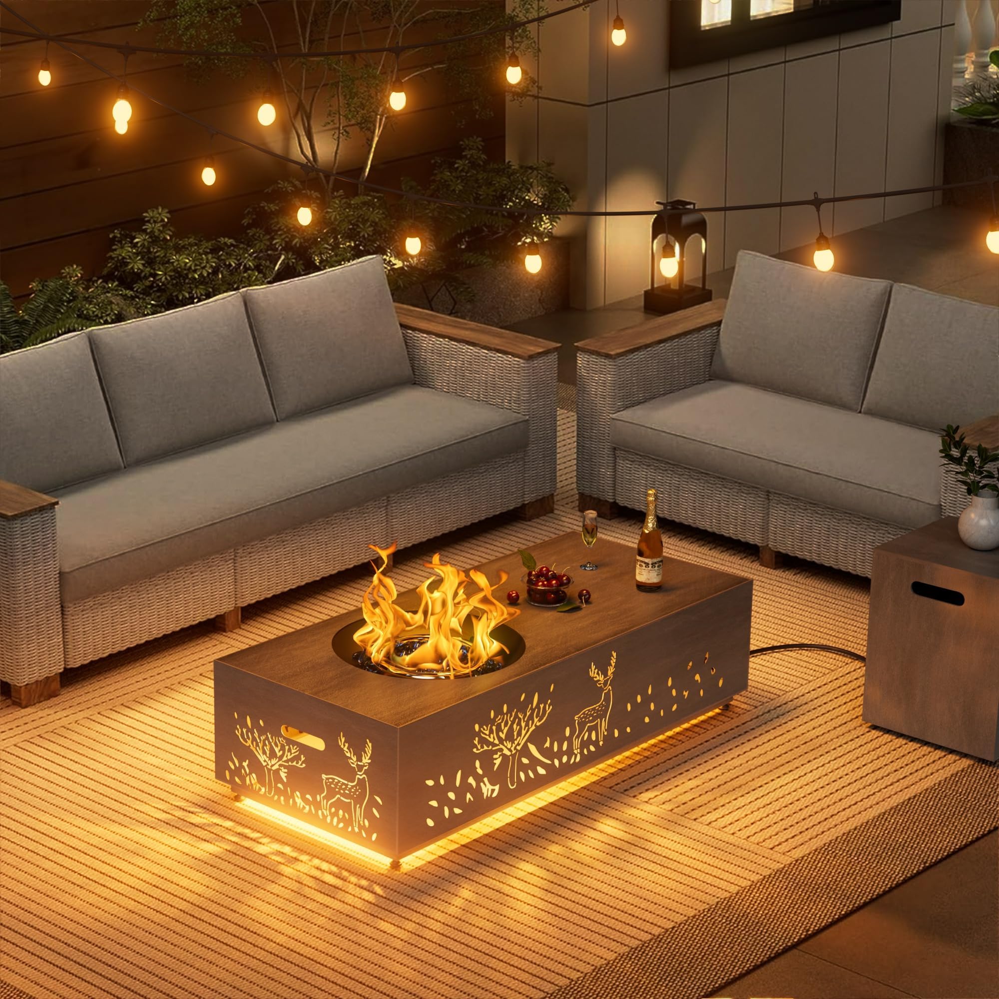 SUNPEAK 48" Round Burner Propane Fire Pit Table with LED Light – 50,000 BTU Fire Pit Table with Lid, Rocks, Cover and Tank Storage - Modern Outdoor Large Fire Table (Grey/Deer Cutout, 48" LED)