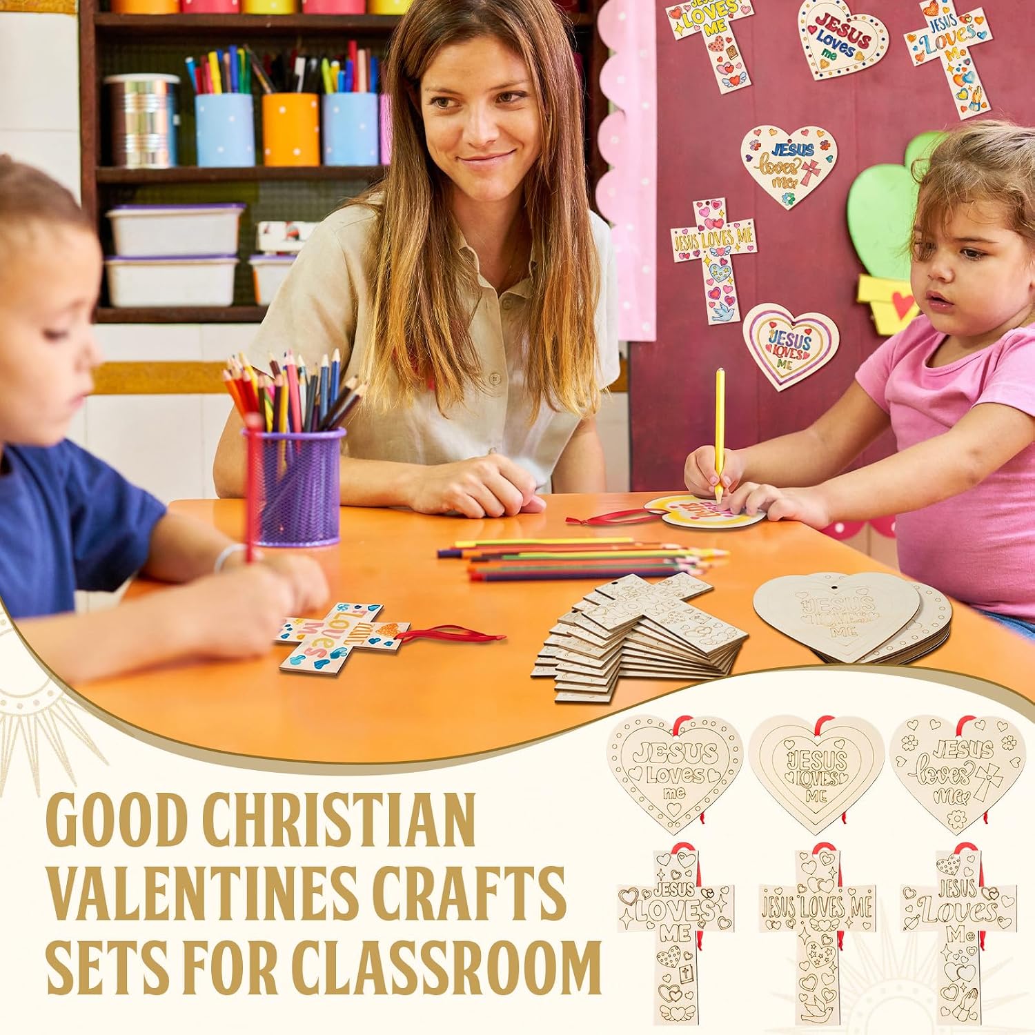 Blueweenly 48 Pcs Christian Vbs Crafts Sets for Classroom DIY Unfinished Wood Jesus Loves Me Art and Craft Cross and Heart Shaped Religious Hanging Ornament for Sunday School Classroom Home Activities