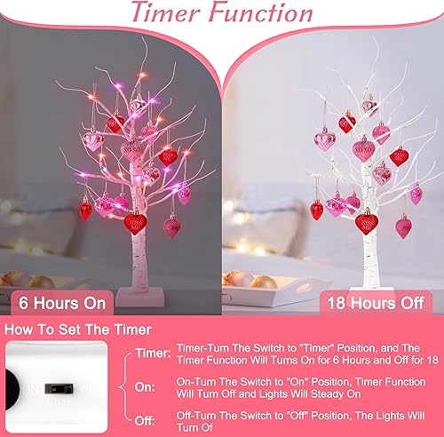 Miniatura 5 de Decoración de árbol de abedul iluminado para el día de San Valentín, mesa pequeña de 24 pulgadas, decoración de árboles de luz LED artificiales con