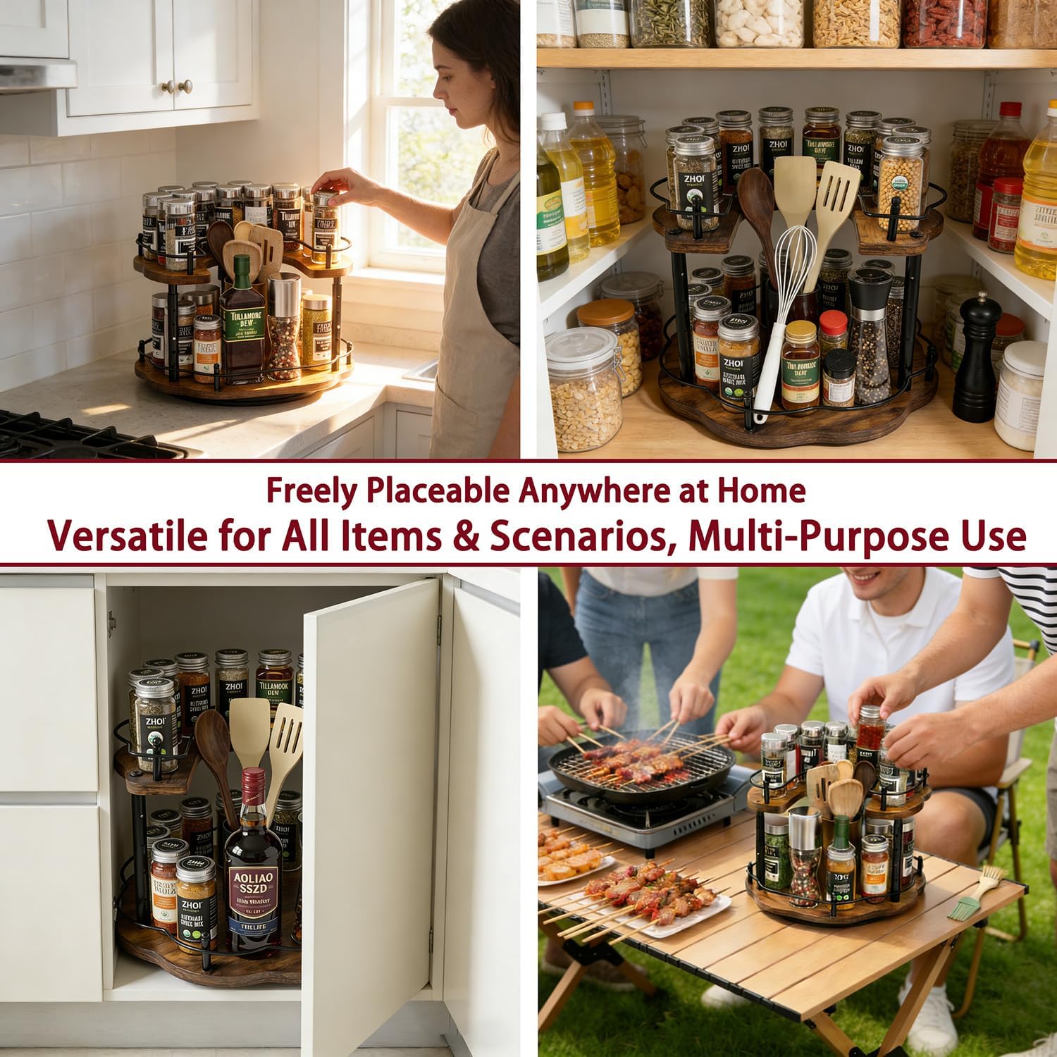 12 Inch Wood Lazy Susan Organizer Spice Rack, Lazy Susan Organizer, Height Adjustable Spice Rack, Kitchen Cabinet Storage and Pantry Turntable for Seasonings, Cans, Jars