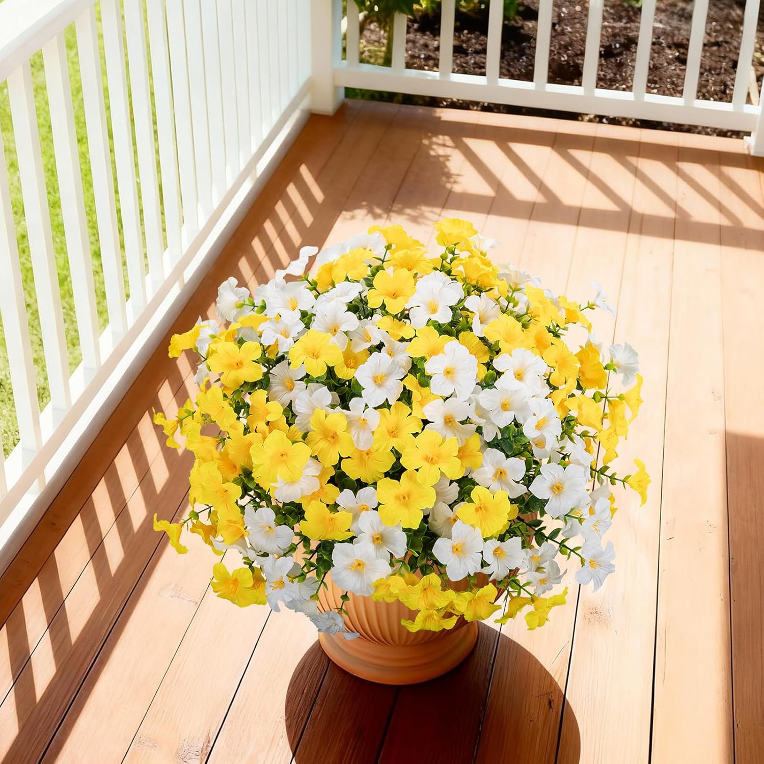 12 Bundles Artificial Flowers for Outdoors,UV Resistant Fake Silk Morning Glory Flowers Faux Plastic Plants for Planter Front Door Window Box Patio Yard Porch Indoor Home Decor (Yellow,White)