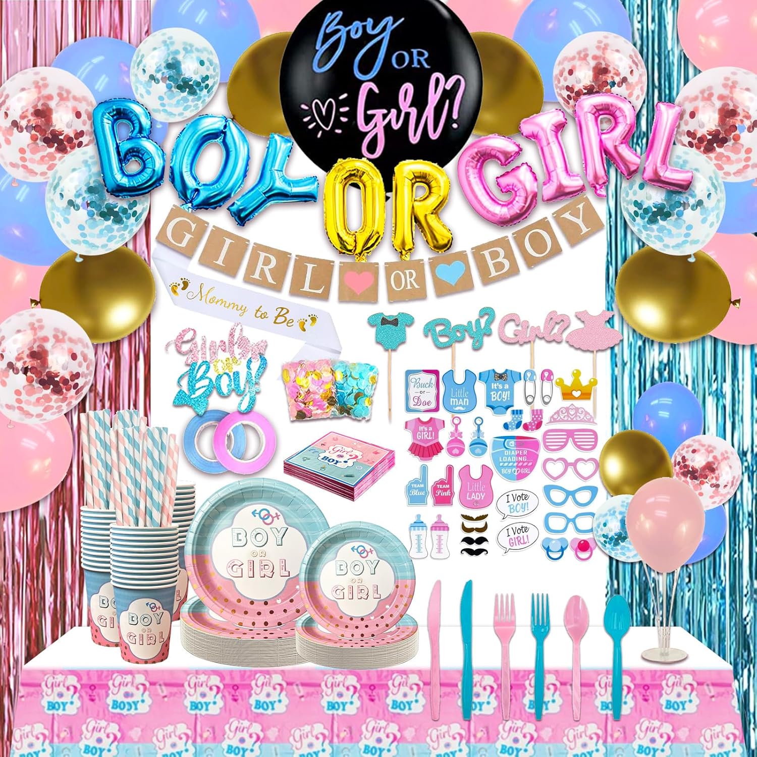 312 Pcs Gender Reveal Decorations, Baby Gender Reveal Party Supplies- Disposable Dinnerware Set With Pink and Blue (25 Guest), Boy or Girl Banner, Balloon, Sash, Cake Topper, Photo Props