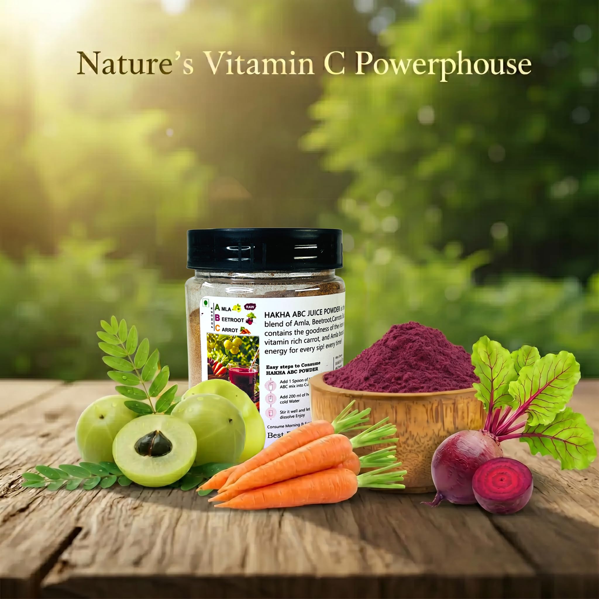 ABC - Amla, beetroot, carrot powder: a great immune booster. Pure & natural for eating & drinking. Jar packed I Superfood I Full of nutrients. No preservatives I No added sugar I No added flavors I No artificial colour. — Amazon image 2