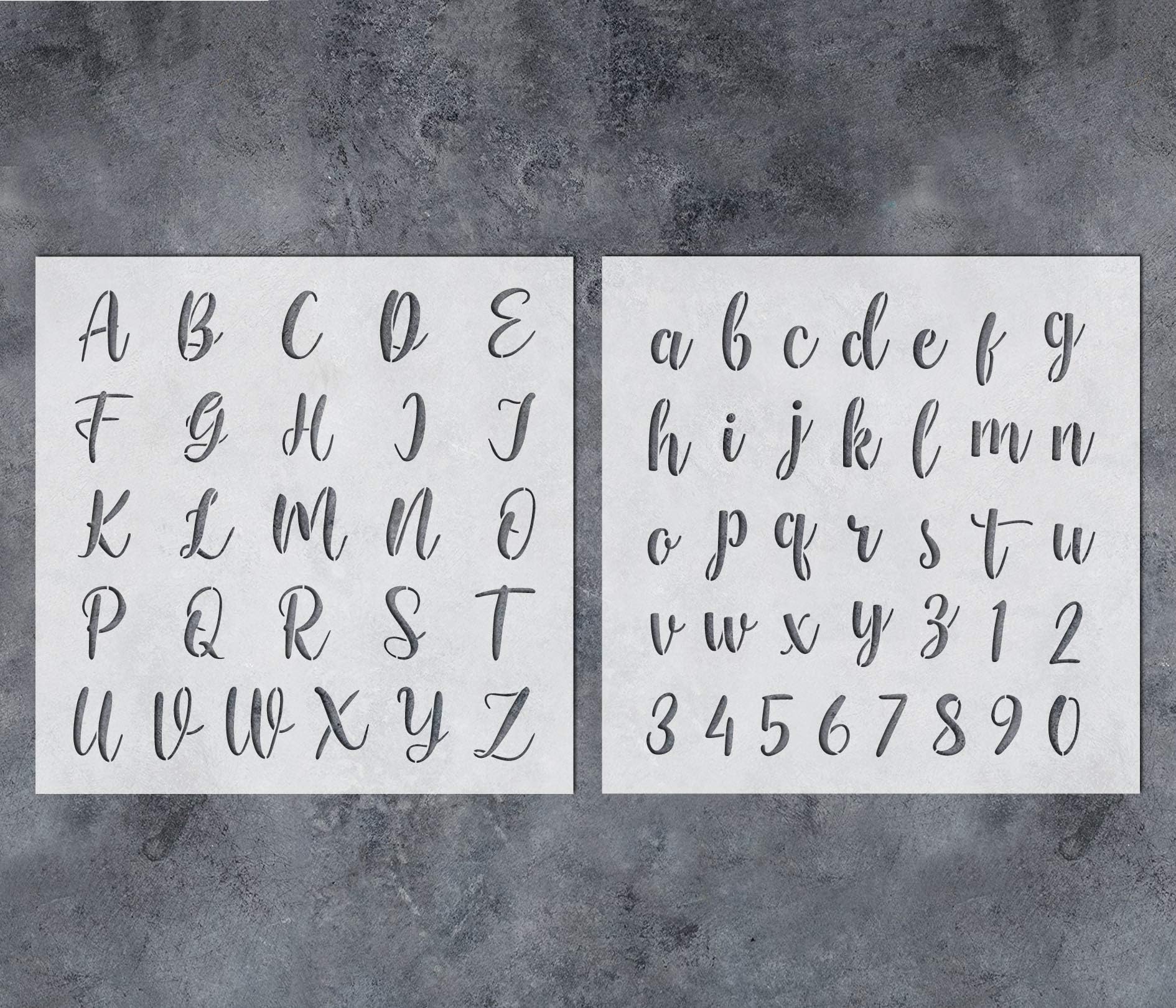 GSS Designs Calligraphy Font Alphabet Numbers Stencil 1.5Inch (2 Pack) - Upper and Lower Case Alphabet Stencils for Painting on Wood Canvas Fabric Cake Baking (12x12Inch) - Letter Stencils (SL-108)