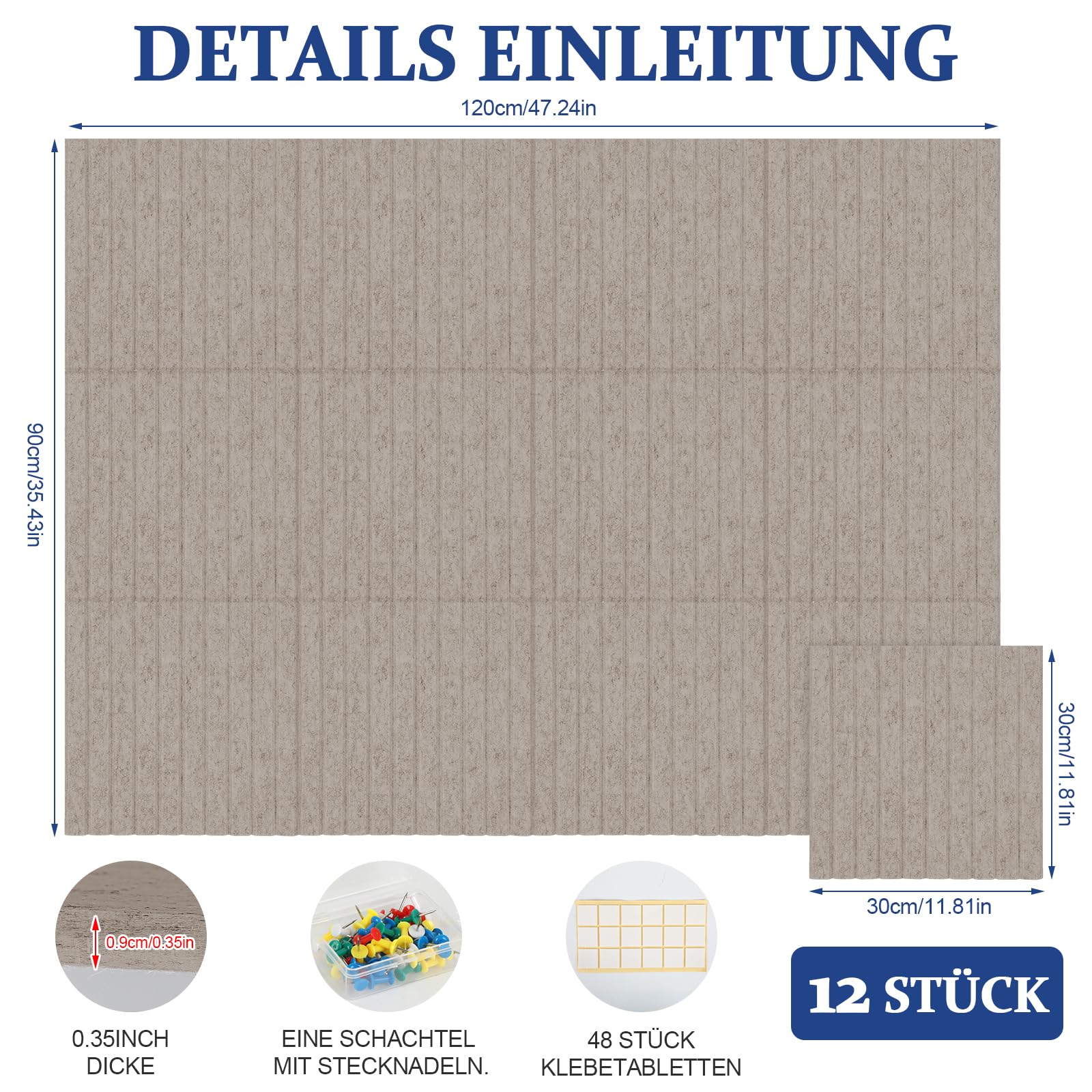 Lot de 12 grands tableaux d'affichage autocollants en feutre - 90 x 120 cm - 30 x 30 cm - Pour la maison, l'école, les murs de bureau