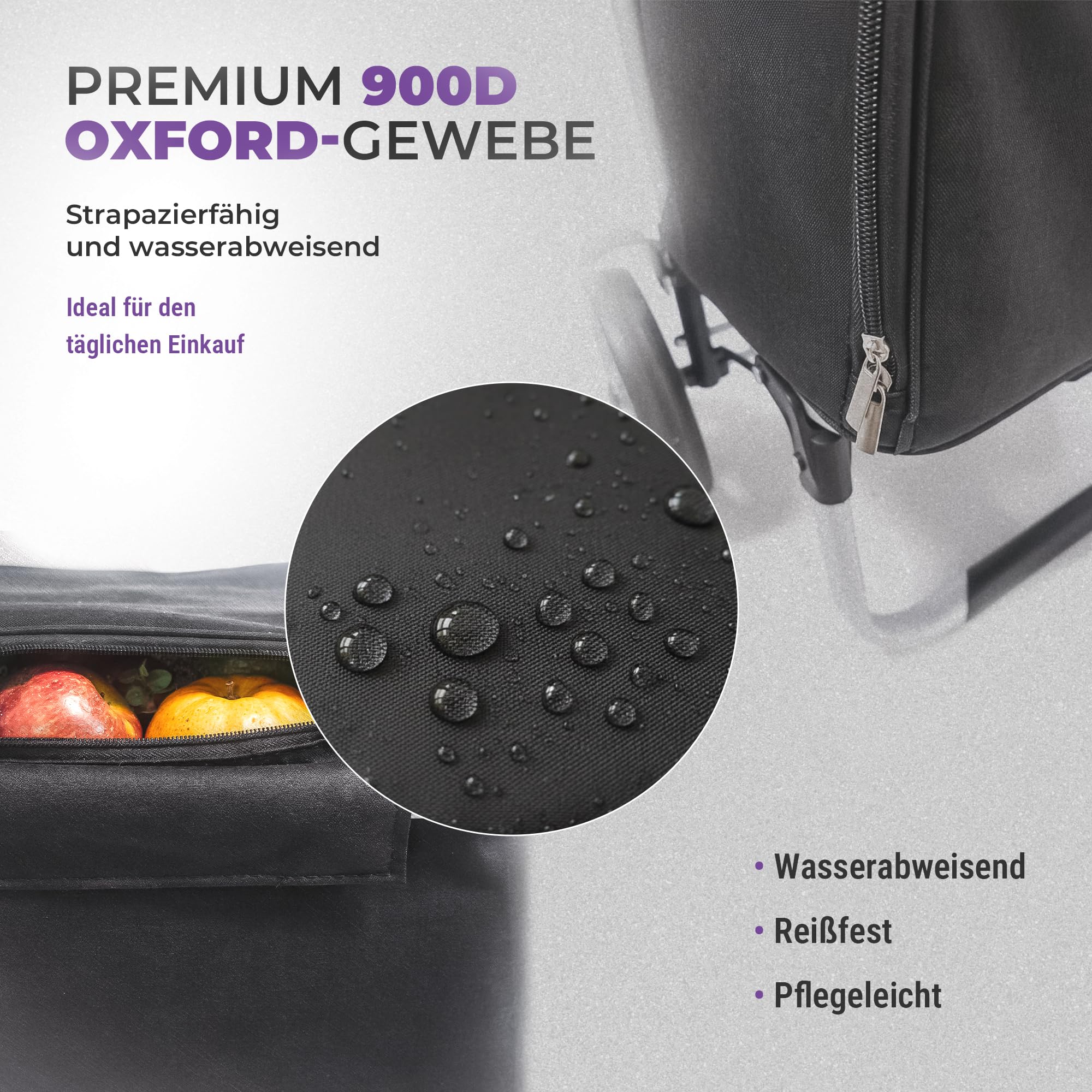 Allyson® Einkaufstrolley 50L Wasserabweisende Tasche mit Kühlfach Schwarz | Zwei Fächer, klappbar, stoßdämpfende Schaumstoffräder für Treppen, Aluminiumrahmen, geeignet für Wocheneinkauf