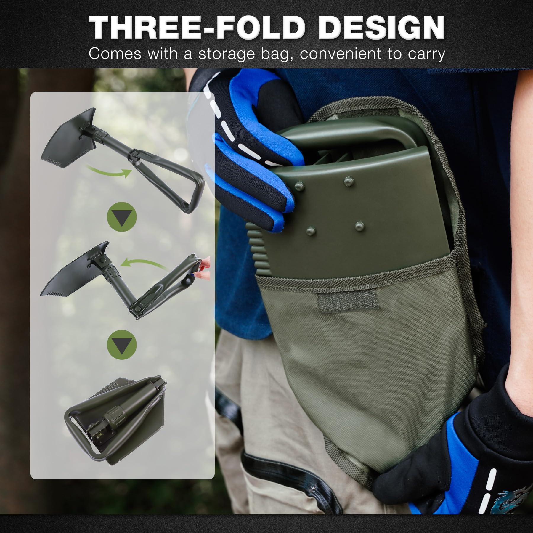 REDCAMP Pelle de Camping Pliante Militaire, Outil de retranchement en Acier à Haute teneur en Carbone, Pelle à Trois Volets avec Couvercle (Vert, 1,4 kg)
