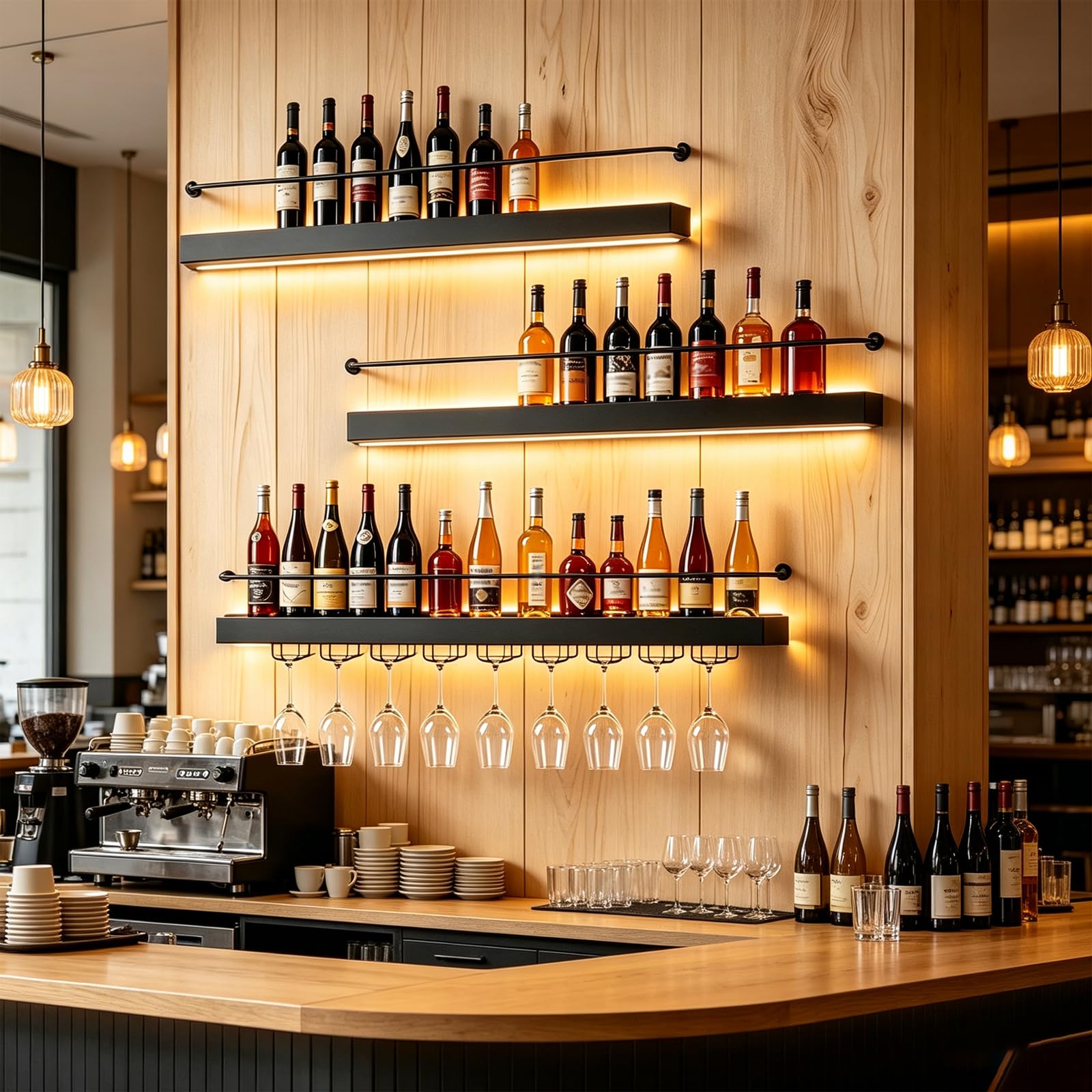 Estante de Vino de Pared con Luz LED, Hierro Negro (Negro, 100CM) | Hierro negro resistente; Incluye soporte para copas; Luz LED cálida; Montaje rápido; Ideal para cocina y bar.
