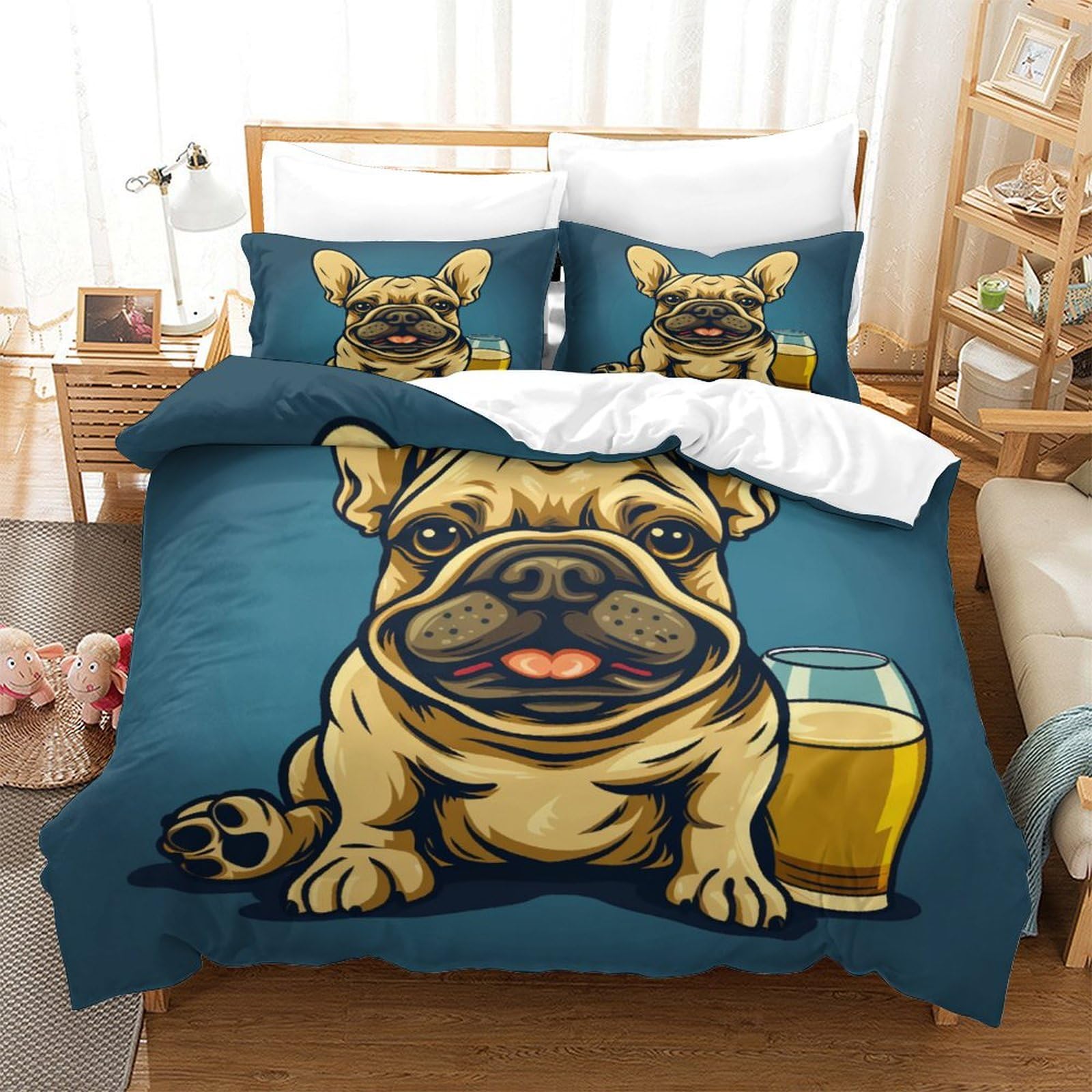 Housse de couette bouledogue français anti-acarien avec fermeture éclair facile pour lit king
