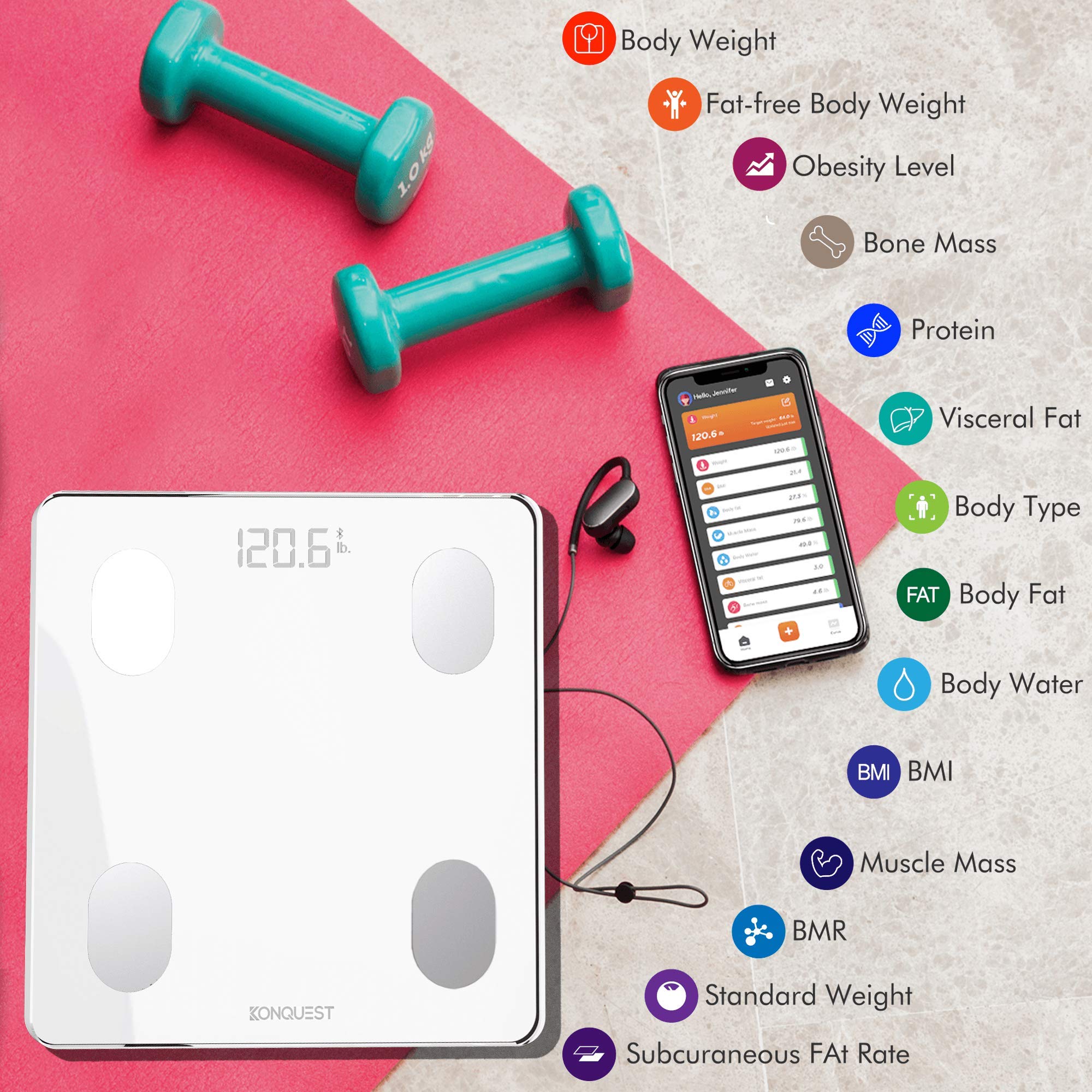 Konquest Báscula de baño digital inteligente, inalámbrico, Bluetooth, BMI, peso corporal, grasa, analizador de composición corporal con aplicación para smartphone (400 libras) (blanco)