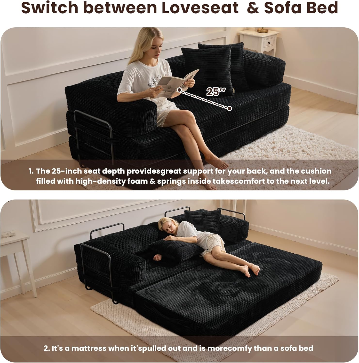 4-in-1 Convertible Sleeper Sofa Bed,80 Inch Corduroy Loveseat Sleeper with Pull Out Bed,Boneless Couch with Fixed-Shape Frame,Floor Sofa Modular Couch for Living Room Bedroom Lounge (Black)