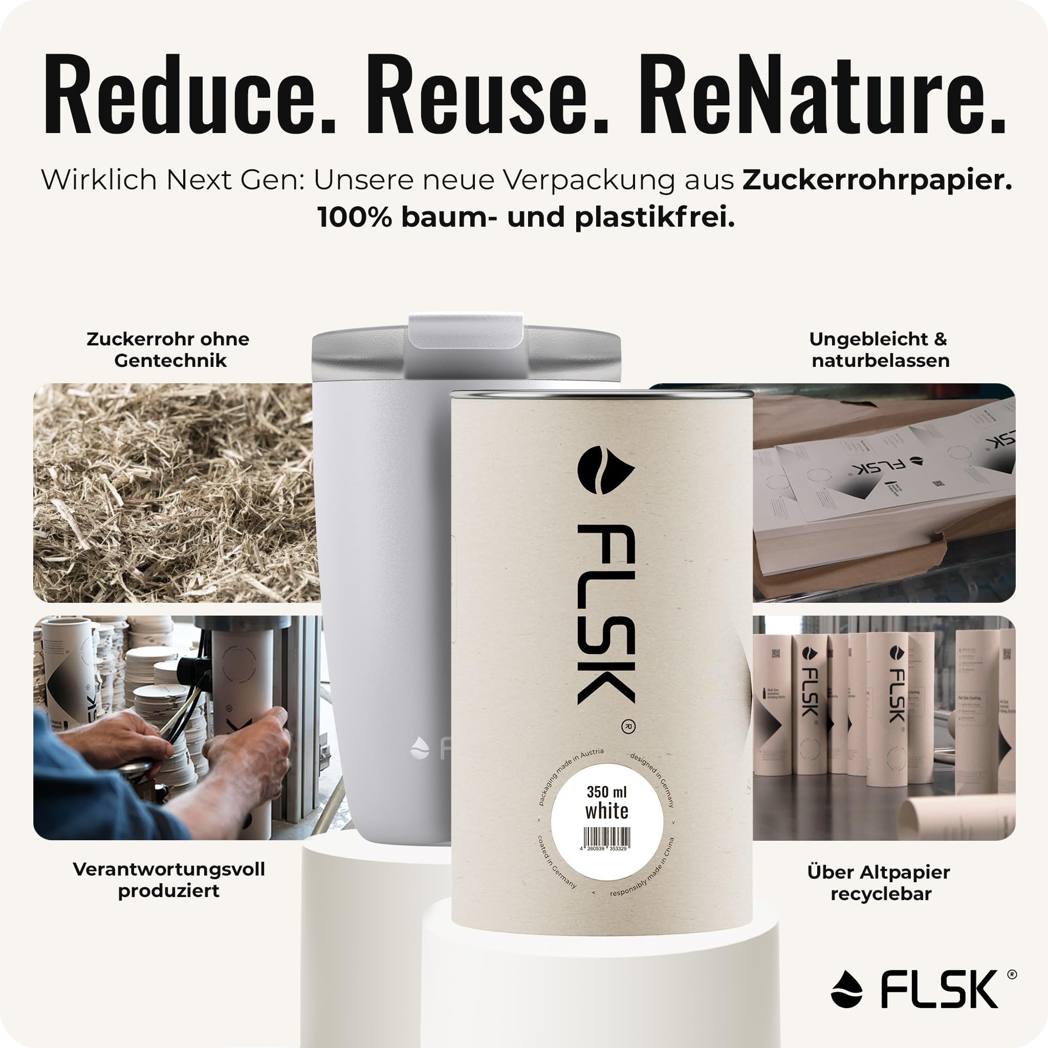 FLSK Next Gen Essentials Cup To Go - Vaso reutilizable de acero inoxidable (350 ml, 500 ml) - 3 h caliente y 3 h frío, a prueba de fugas, apto para lavavajillas, incluye embalaje sin árboles