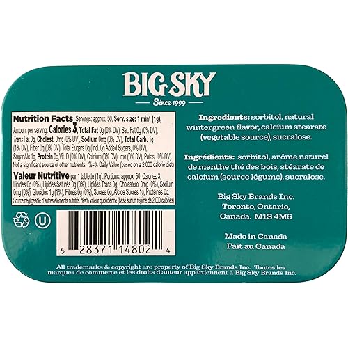 Miniatura 3 de Big Sky Mentas de gaulteria sin azúcar, lata de 50 unidades (paquete de 6)  Certificado Kosher, caramelo vegano de gaulteria  Sin aspartamo y