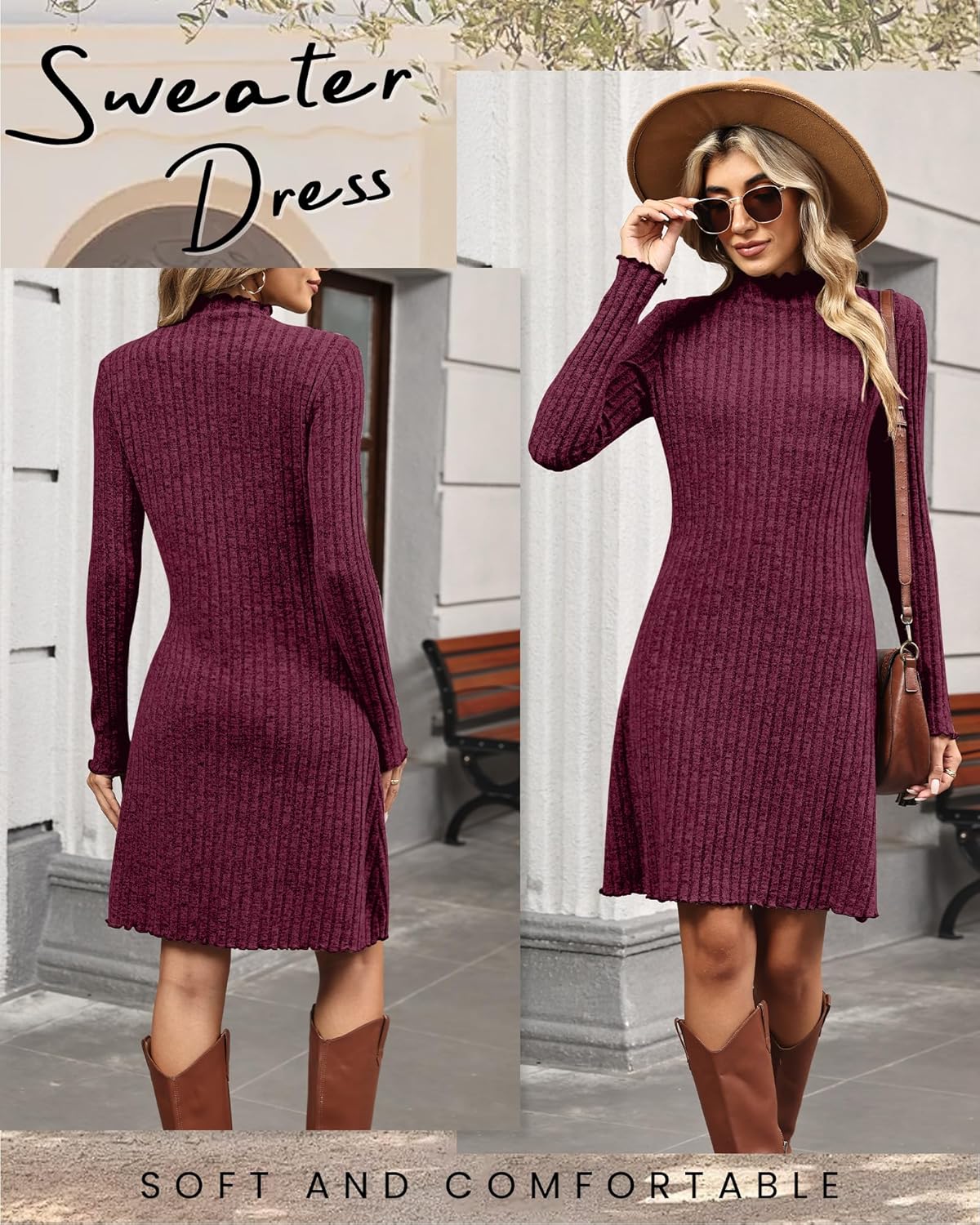 Women's Knit Long Sleeve Sweater Dress Lettuce Trim Mock Neck Tunic Dress Fall Winter Casual Trendy Outfits - Image 6