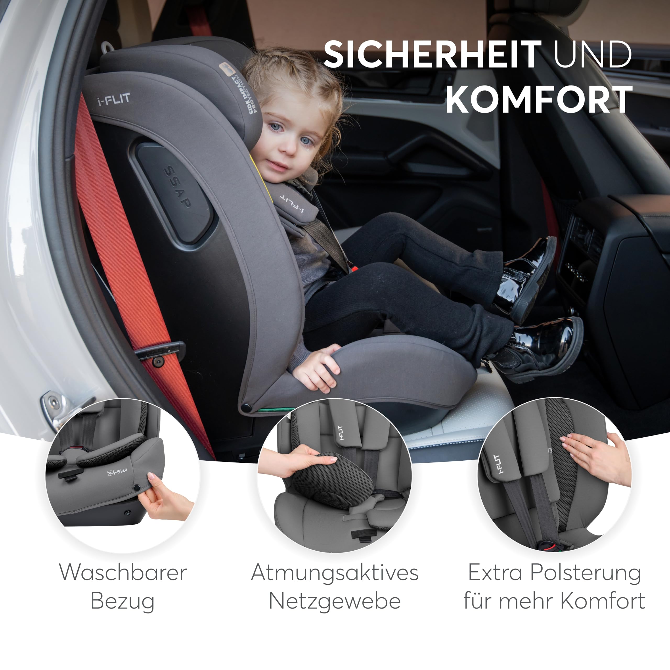 KikkaBoo i-Size i-­FLIT, Kindersitz 9-36 kg ISOFIX, Autokindersitz 76-150 cm, Gruppe 1/2/3, 15 Monate bis 12 Jahre, SPS Seitenschutz, Top Tether, Verstellbare Kopfstütze, Hellgrau
